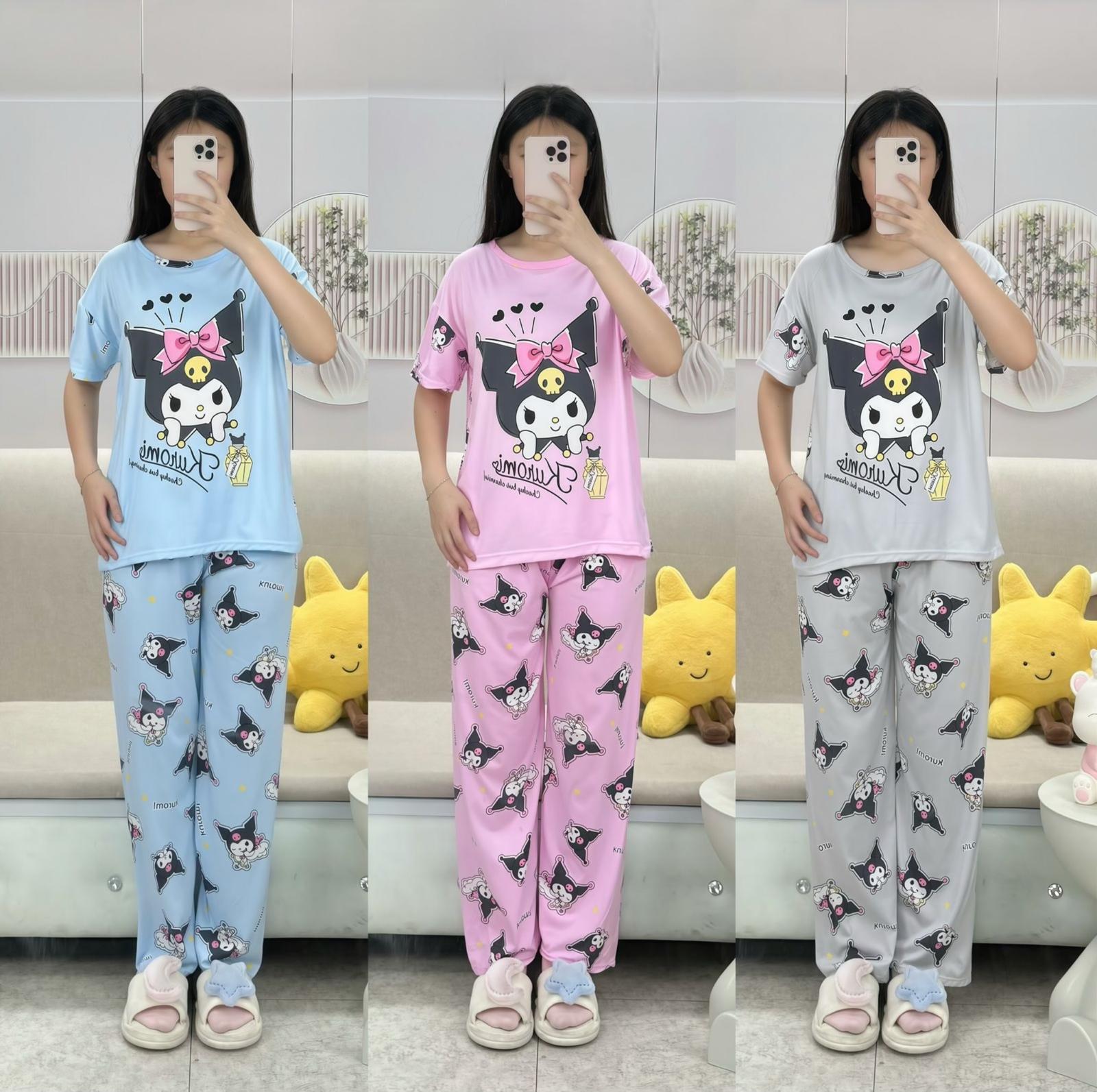 Free Size 2 pcs Pajama Set, Bedroom Outfit Comfortable And Breathable Casual Home Clothes Stitch Kuromi Print Includes Short-Sleeved Top,Long Pants,