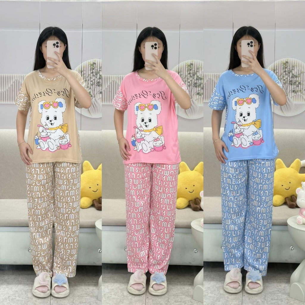 Free Size 2 pcs Pajama Set, Bedroom Outfit Comfortable And Breathable Casual Home Clothes Stitch Animal Print Includes Short-Sleeved Top,Long Pants,