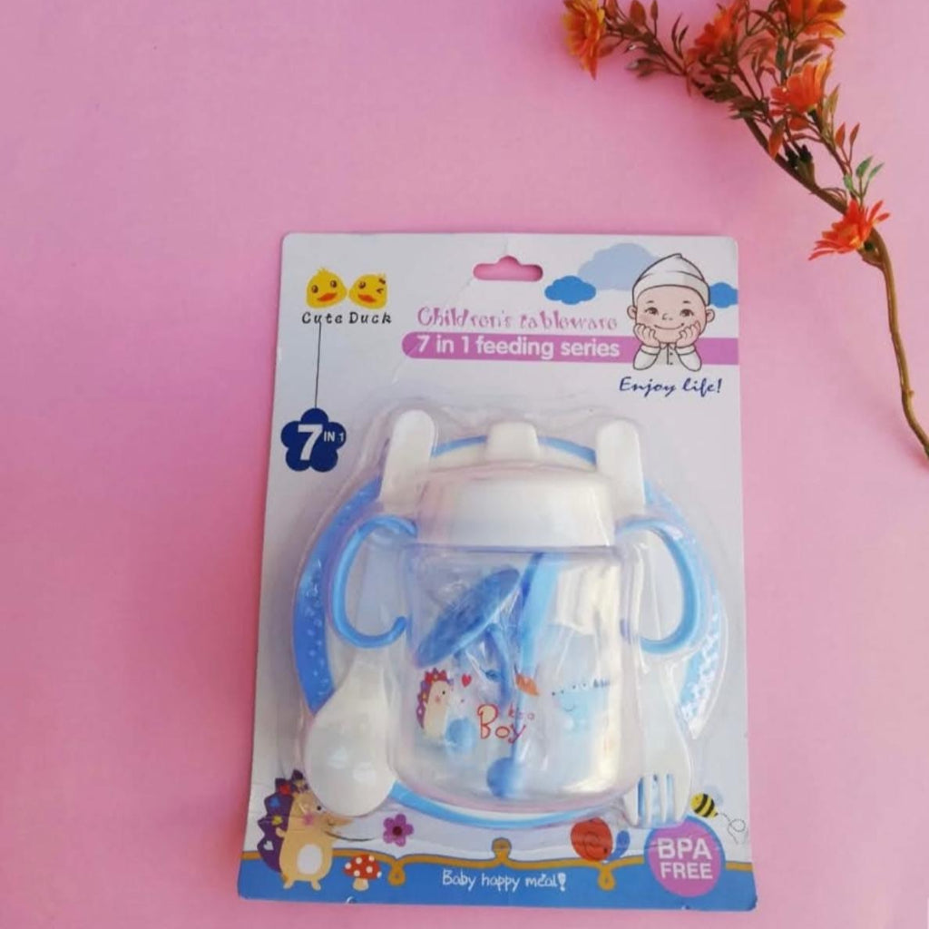 Portable 7 & 1 Baby Feeder Set and Care Kit for Infant Baby with Bottle series, 2 Spoons Forks, Teether & Rattle in Blue and Pink Colors,Baby Gift Set..
