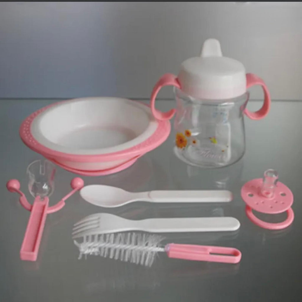 Portable 7 & 1 Baby Feeder Set and Care Kit for Infant Baby with Bottle series, 2 Spoons Forks, Teether & Rattle in Blue and Pink Colors,Baby Gift Set..