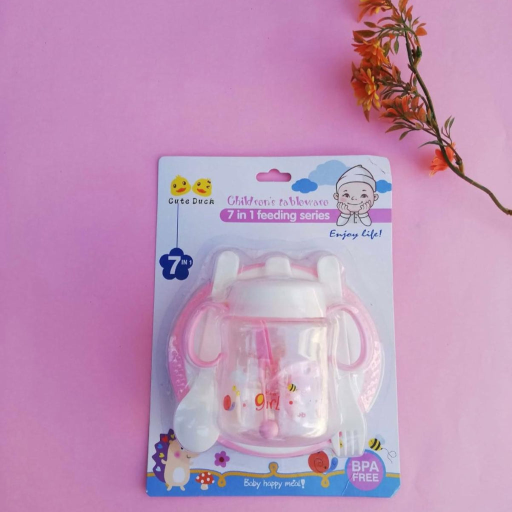 Portable 7 & 1 Baby Feeder Set and Care Kit for Infant Baby with Bottle series, 2 Spoons Forks, Teether & Rattle in Blue and Pink Colors,Baby Gift Set..