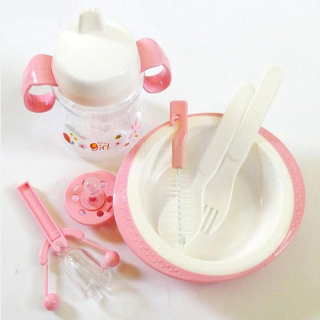 Portable 7 & 1 Baby Feeder Set and Care Kit for Infant Baby with Bottle series, 2 Spoons Forks, Teether & Rattle in Blue and Pink Colors,Baby Gift Set..