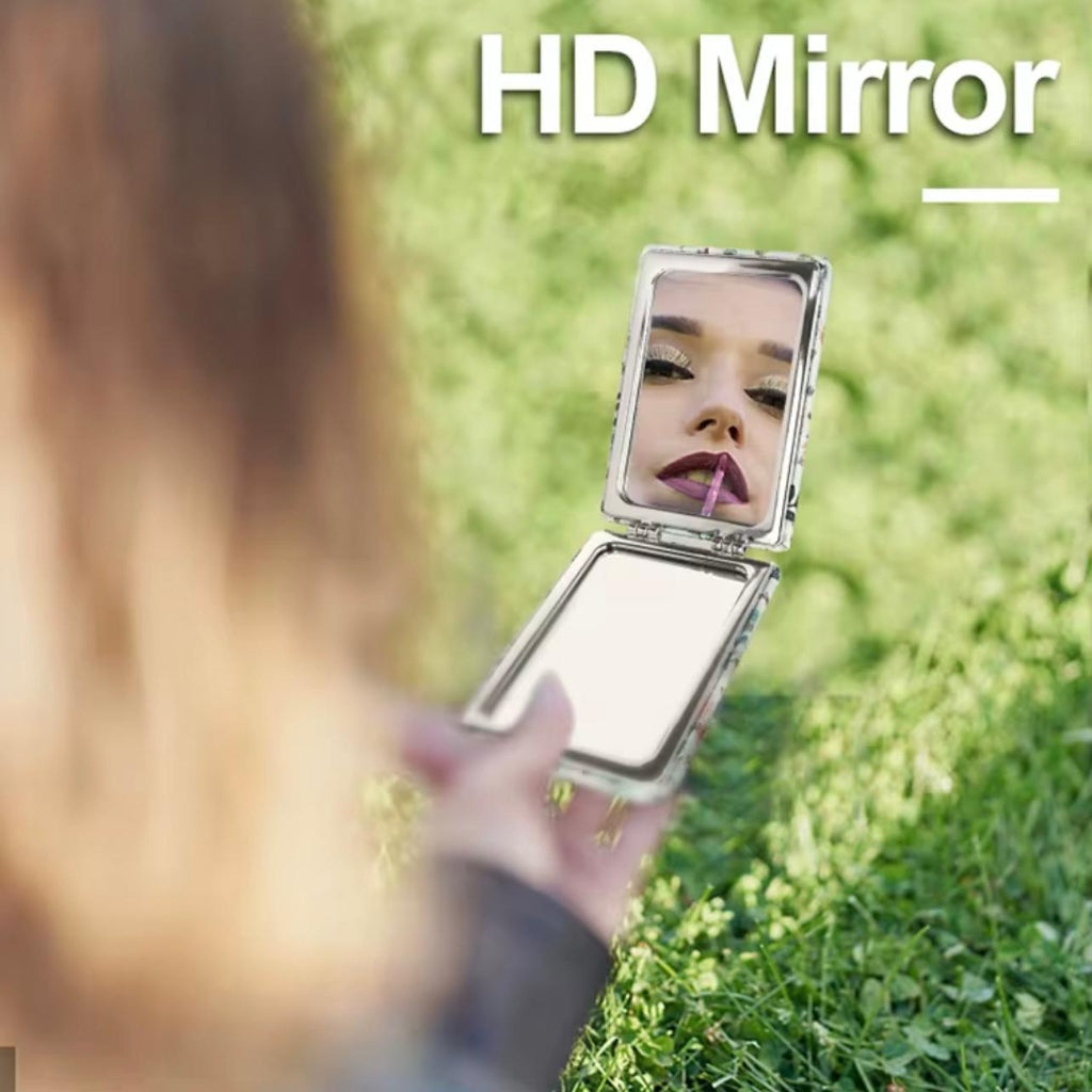 Stainless Steel Portable Makeup Mirror with Magnifying Glass, Flower Theme, Polished Finish, Tabletop Mount, Unscented, Ideal for Travel & Gifts for Women
