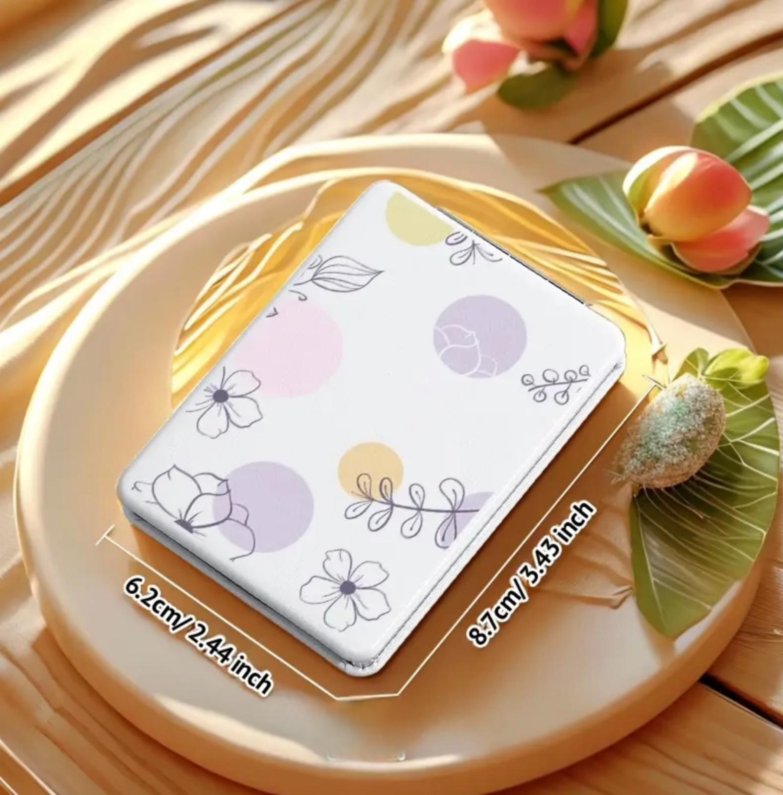 Stainless Steel Portable Makeup Mirror with Magnifying Glass, Flower Theme, Polished Finish, Tabletop Mount, Unscented, Ideal for Travel & Gifts for Women