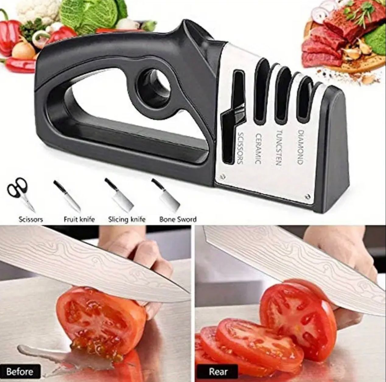 Multifunctional 4in1 Quick Sharpener Handheld Knife Sharpening Tool Stainless Steel Blade Sharpeners Kitchenware Kitchen Gadgets