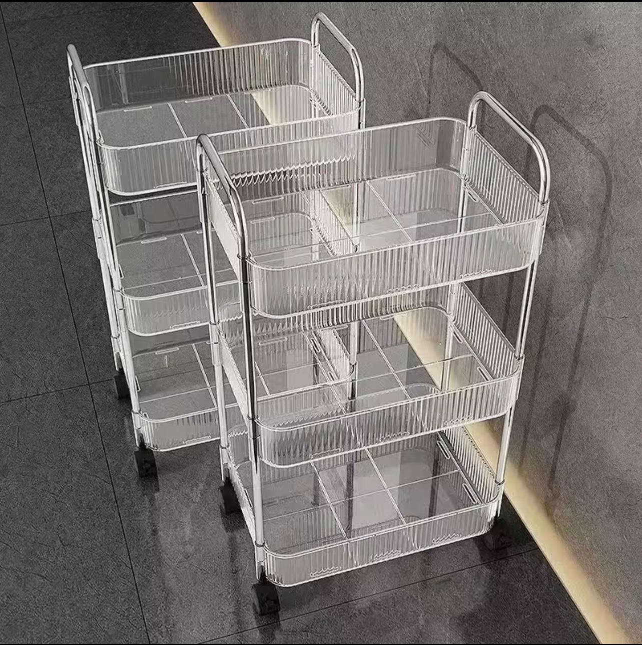 3-Tier Transparent Acrylic Storage Cart with Wheels - Multi-Layer Organizer for Bathroom, Bedroom, and Snacks ,Quiet Universal Wheels Durable Plastic Construction , Bathroom Organizers And Storage, Standing Shelf,