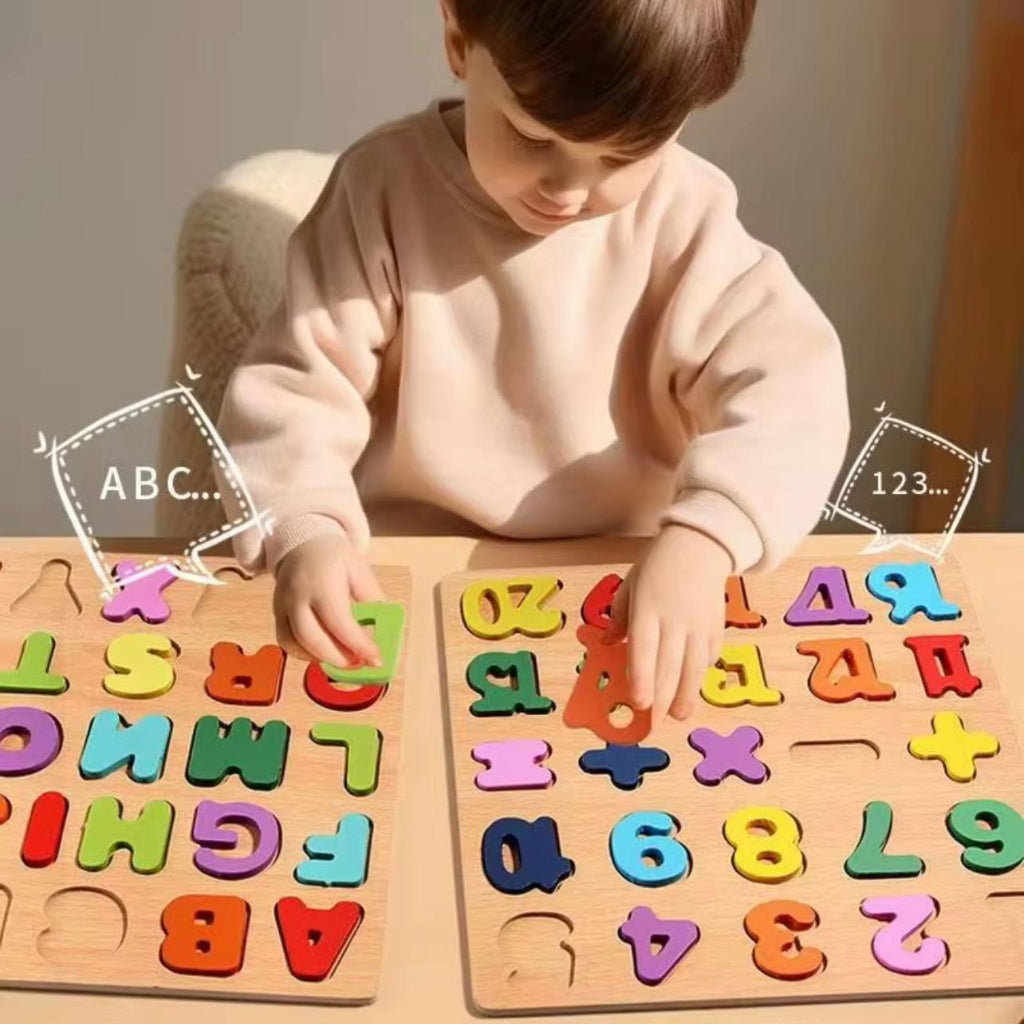 Inspired Wooden Alphabet & Number Puzzle Board for Toddlers 6M+ - Educational Learning Toy with ABCs, 123s, Shapes & Colors, Durable Wood Fiberboard, Safe Rounded Edges, Mixed Colors, Perfect Gift for Boys & Girls