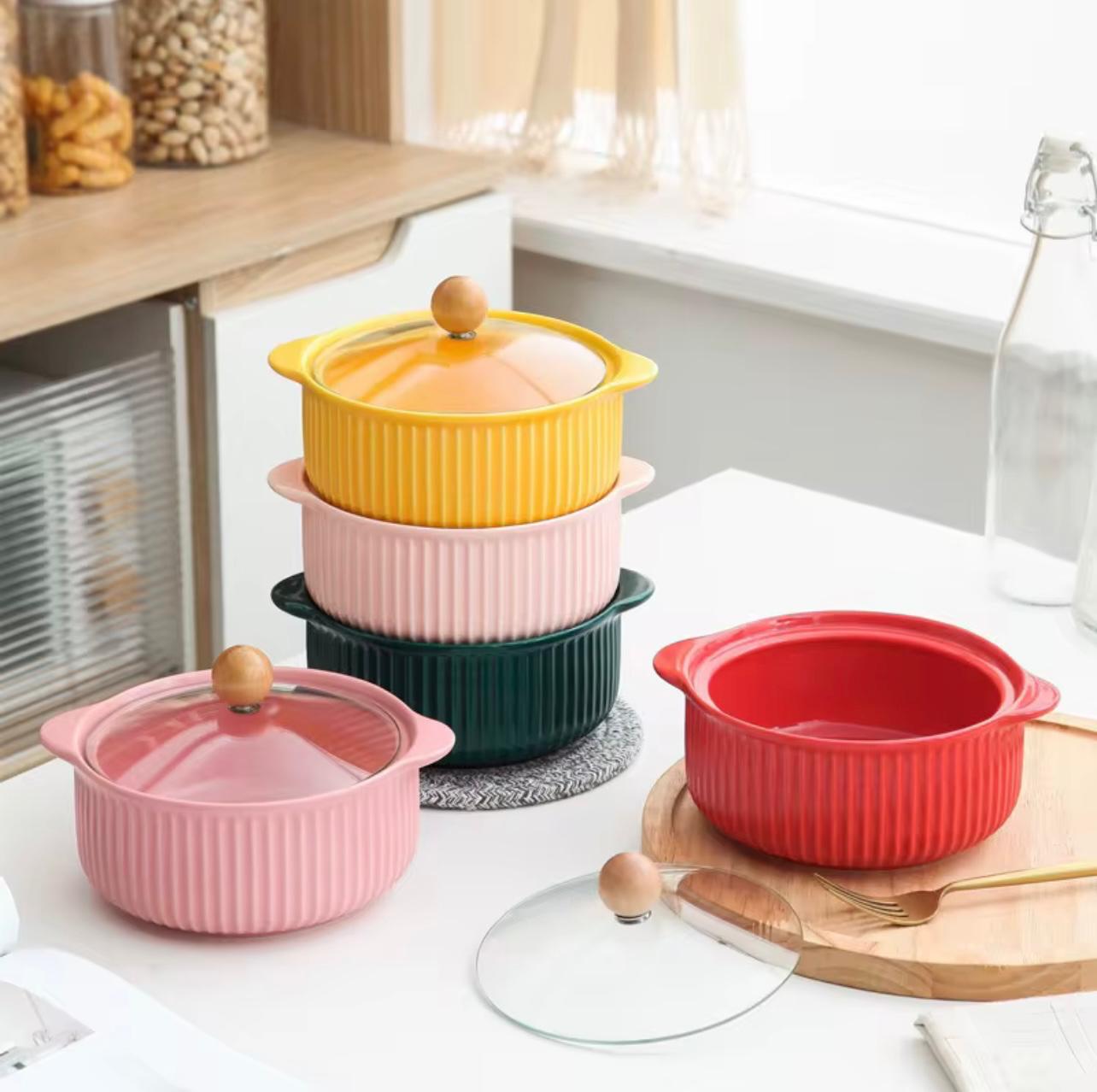 Ceramics Bowl with Lid Cookware Set for Kitchen Ware Cooking Pot with Soup Pot Set..