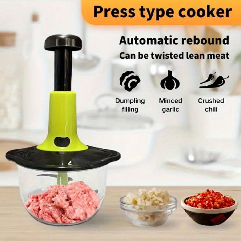 Manual Food Chopper Capacity 2 L - Quick Press Multifunctional Kitchen Tool with Durable Metal Blades, Easy Chop Vegetables, Fruits, Herbs for Salsa, Pesto, Puree - Perfect for Home Cooking, Holiday Gifts & Garlic Tools