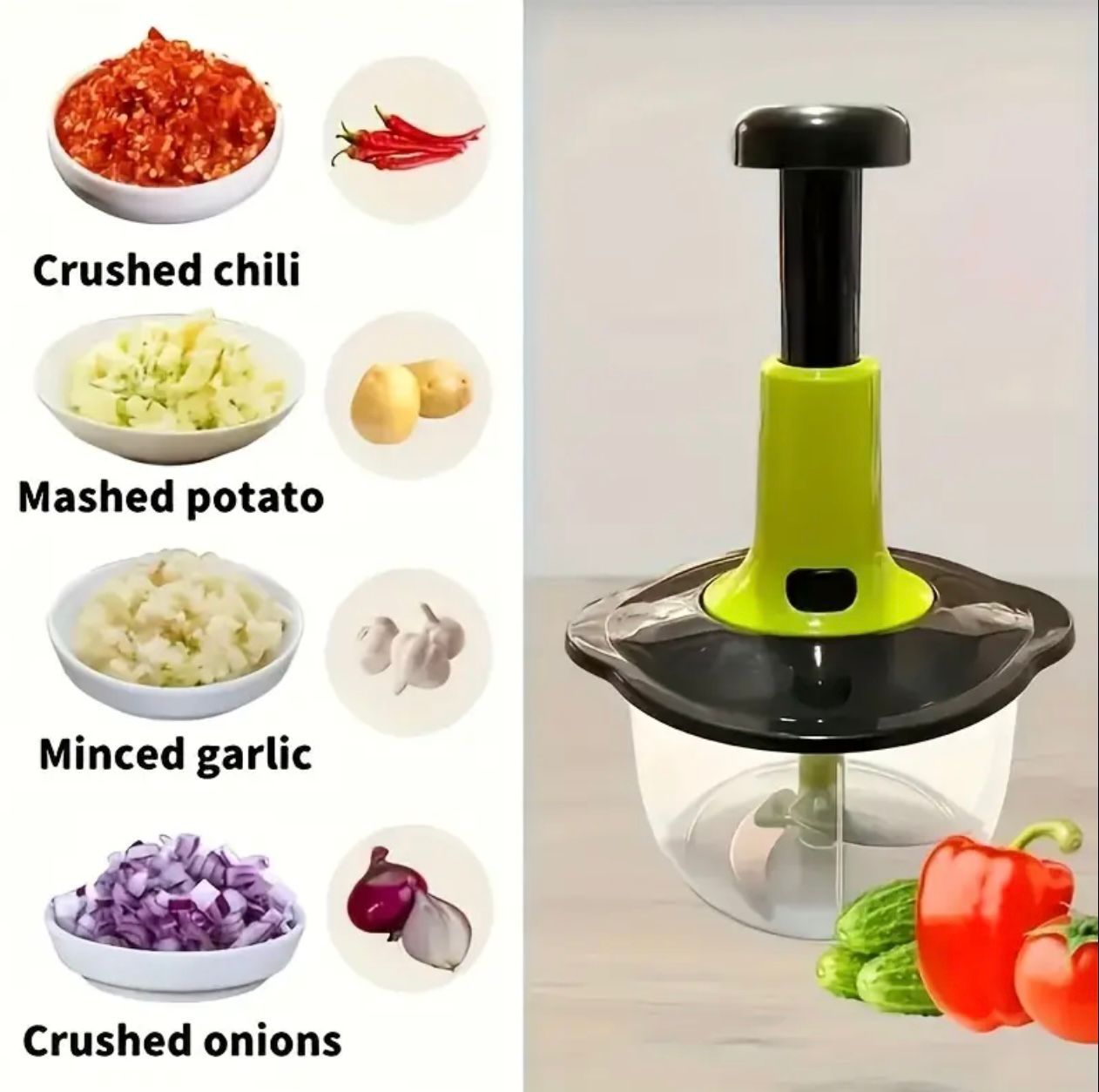Manual Food Chopper Capacity 2 L - Quick Press Multifunctional Kitchen Tool with Durable Metal Blades, Easy Chop Vegetables, Fruits, Herbs for Salsa, Pesto, Puree - Perfect for Home Cooking, Holiday Gifts & Garlic Tools