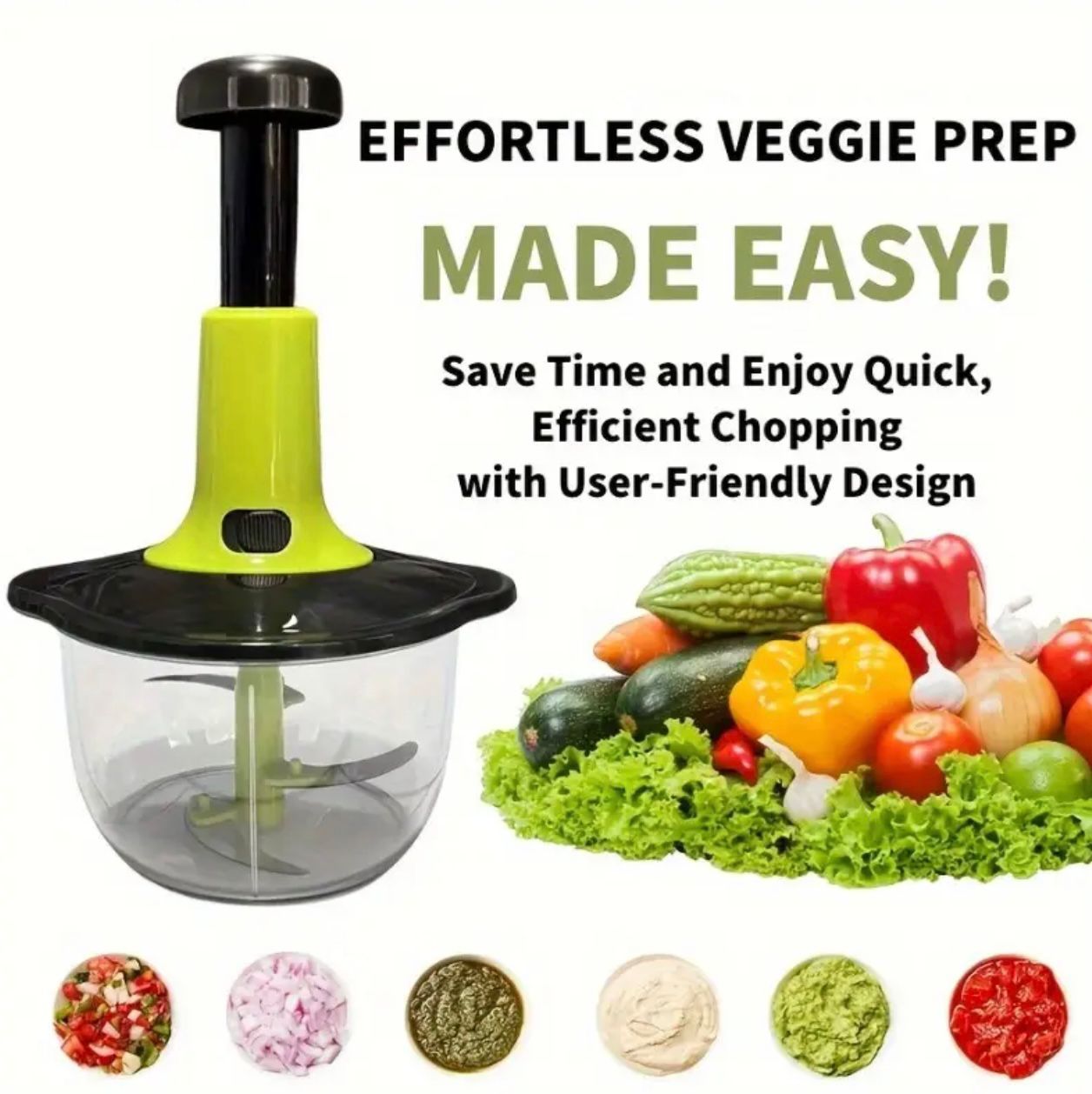 Manual Food Chopper Capacity 2 L - Quick Press Multifunctional Kitchen Tool with Durable Metal Blades, Easy Chop Vegetables, Fruits, Herbs for Salsa, Pesto, Puree - Perfect for Home Cooking, Holiday Gifts & Garlic Tools