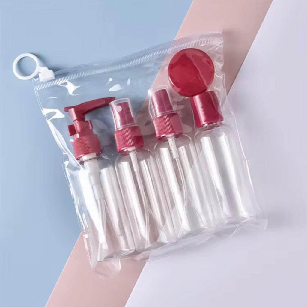 5 pcs Travel Packaged Bottle Set Spray Bottle Press Transparent Lotion Bottle Essence Serum Makeup Remover Essential Oil Cosmetic Bottle Set