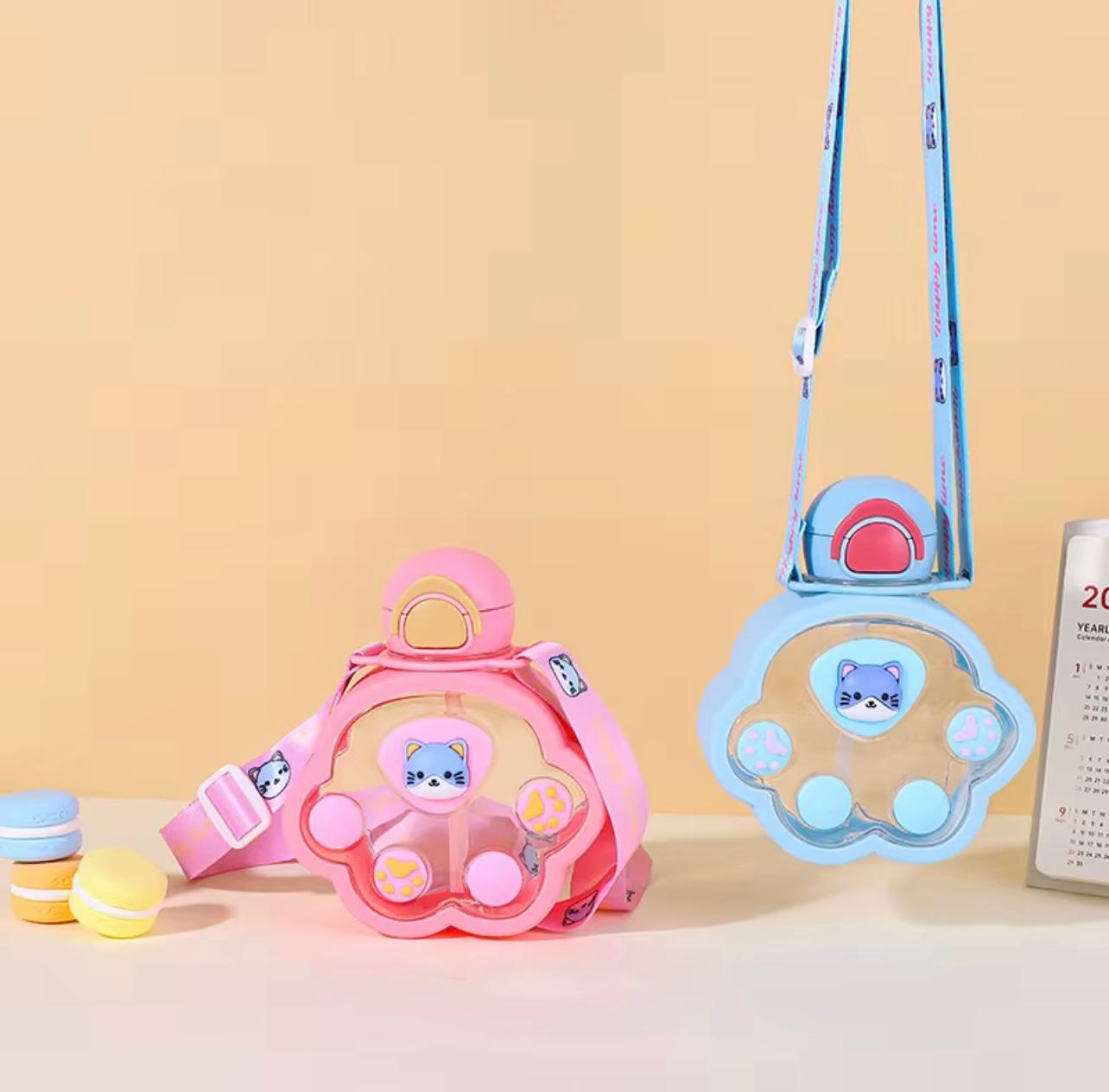 520ml New Kids Cute Cat Claw Plastic Water Bottle With Straw Portable Strap Plastic Cartoon Cup Water Bottle for Students…