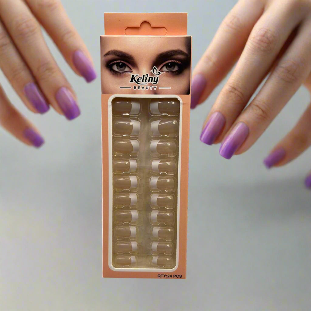 24pcs of Elegant French Striped False Nails, Short Square Shape, Glossy Surface, Light Tone, Fashionable for Daily Wear by Women, Cute Short Nails..