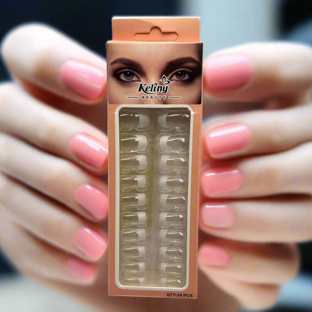 24pcs of Elegant French Striped False Nails, Short Square Shape, Glossy Surface, Light Tone, Fashionable for Daily Wear by Women, Cute Short Nails..