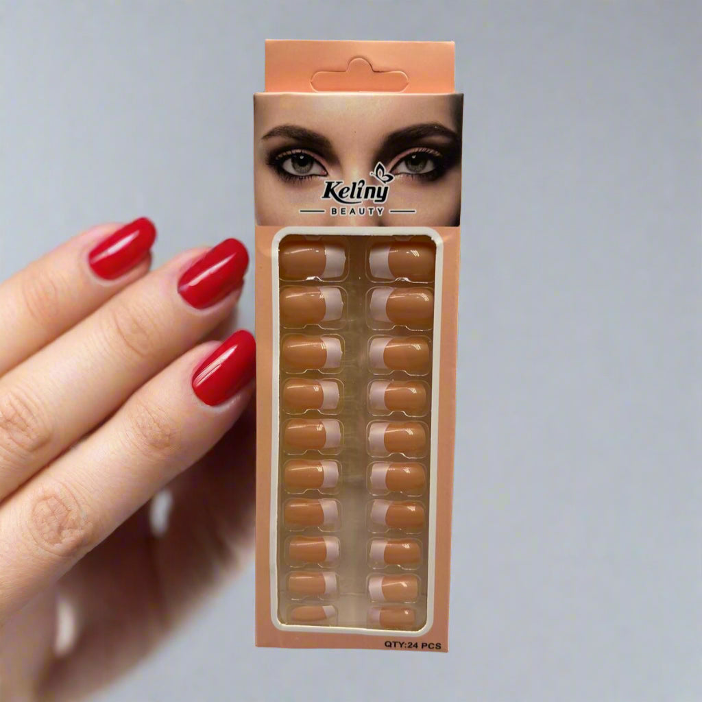 24pcs of Elegant French Striped False Nails, Short Square Shape, Glossy Surface, Light Tone, Fashionable for Daily Wear by Women, Cute Short Nails..