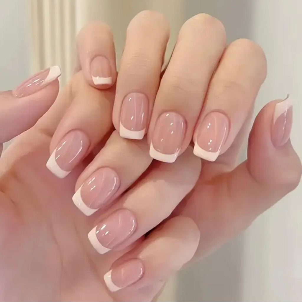 24pcs of Elegant French Striped False Nails, Short Square Shape, Glossy Surface, Light Tone, Fashionable for Daily Wear by Women, Cute Short Nails..