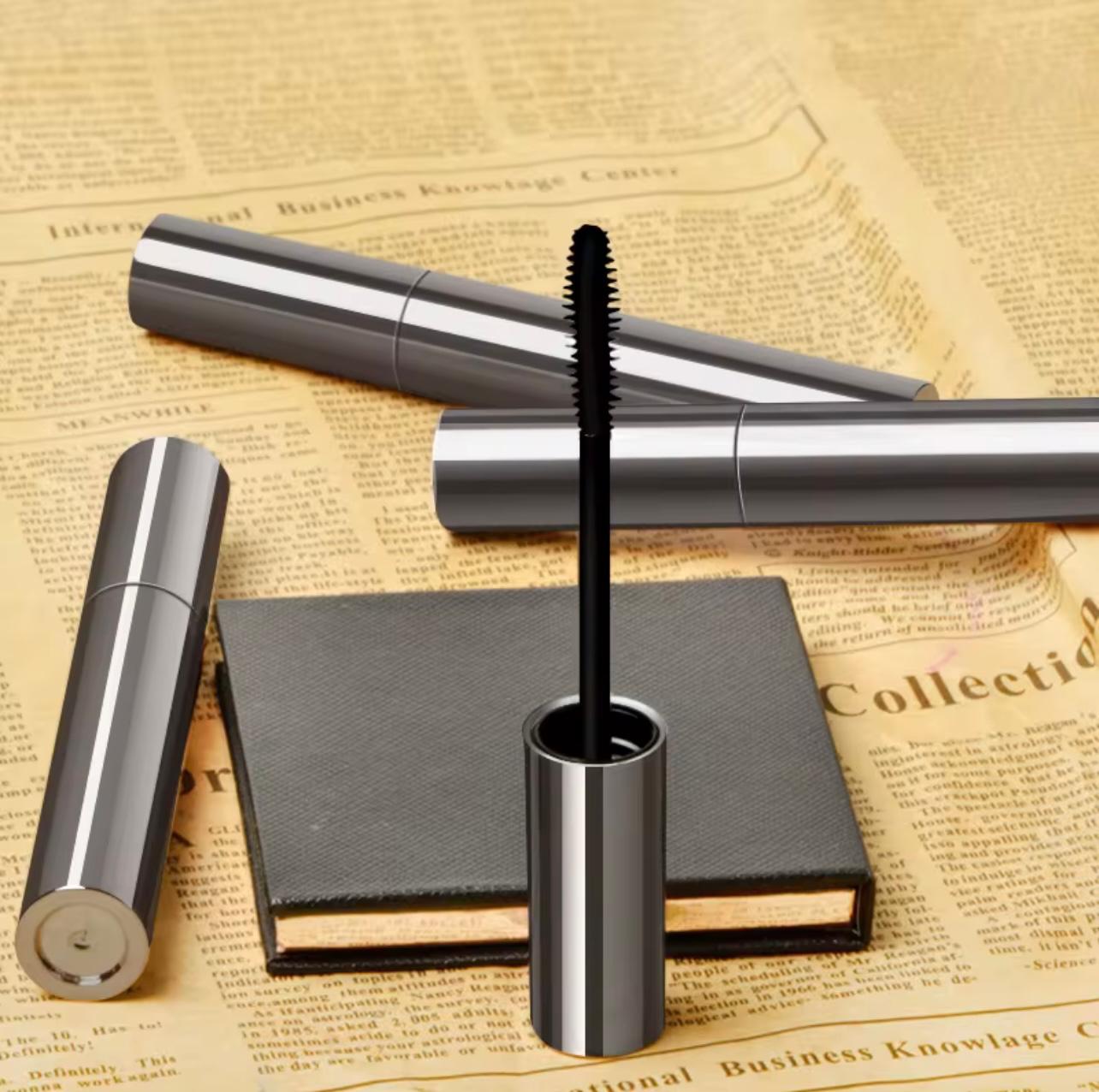 Private Label Long-Lasting Black Mascara – Metal Silver Plating Package with 360° Self-Angled Threaded Brush