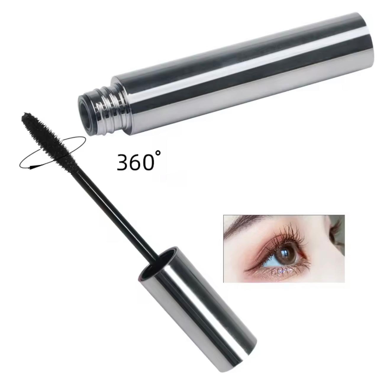 Private Label Long-Lasting Black Mascara – Metal Silver Plating Package with 360° Self-Angled Threaded Brush