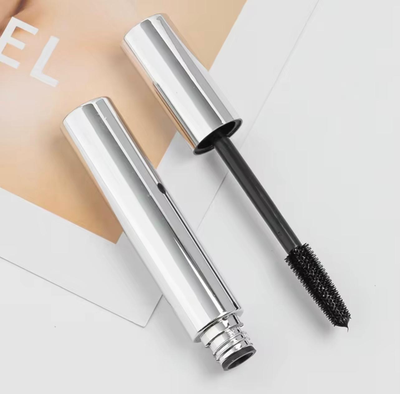 Private Label Long-Lasting Black Mascara – Metal Silver Plating Package with 360° Self-Angled Threaded Brush