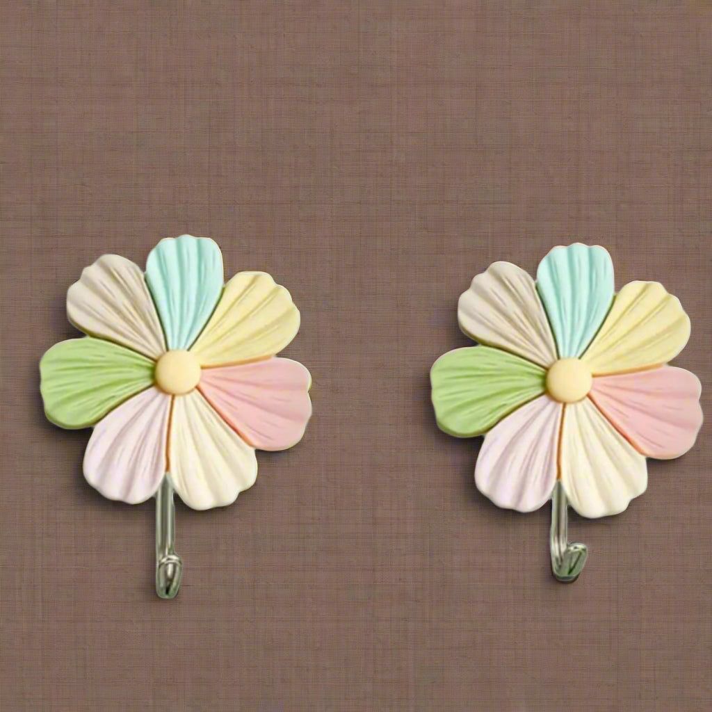 2 Flower-shaped wall hooks - casual style plastic bathrobe and towel hooks - Easy to install, heavy-duty sticky wall-mounted hooks suitable for kitchens and bedrooms - no drilling required