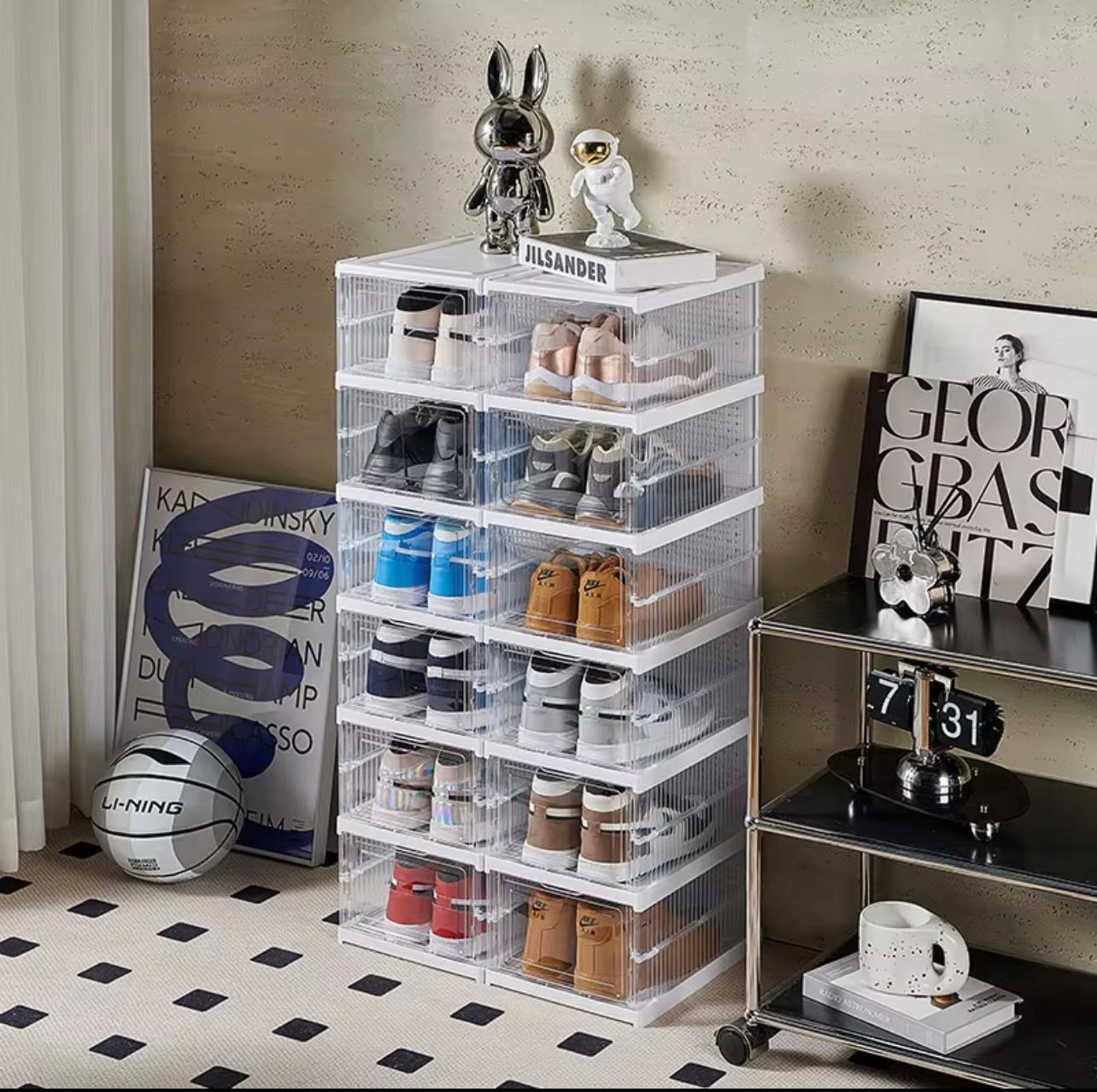 6 Layer Shoe Box Organizer with Flip Lid - Clear Stackable Shoe Cabinet, Space-Saving Shoe Storage Box with Dustproof Cover, Heavy-Duty Plastic Construction for Home, Office,Transparent Shoe Organizer for Easy Visibility, Shoe Storage Organizer