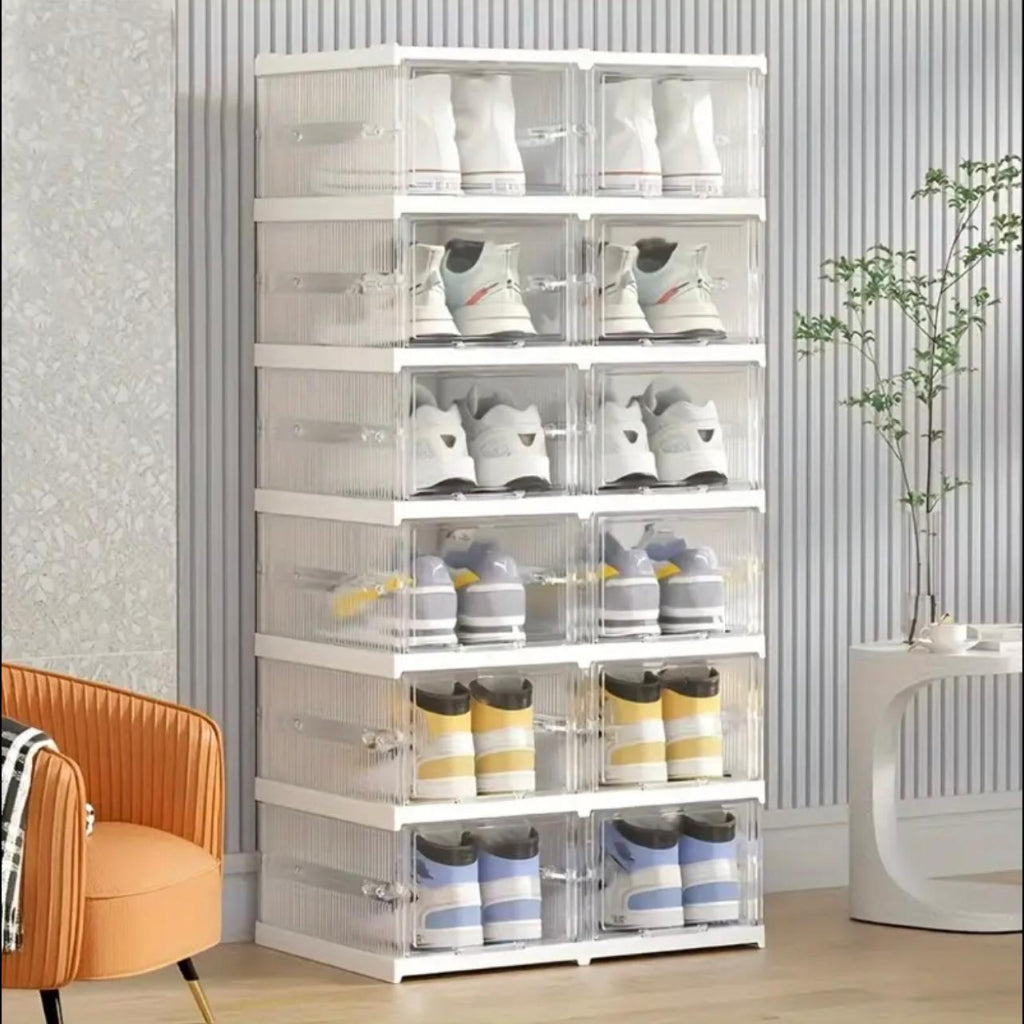 6 Layer Shoe Box Organizer with Flip Lid - Clear Stackable Shoe Cabinet, Space-Saving Shoe Storage Box with Dustproof Cover, Heavy-Duty Plastic Construction for Home, Office,Transparent Shoe Organizer for Easy Visibility, Shoe Storage Organizer