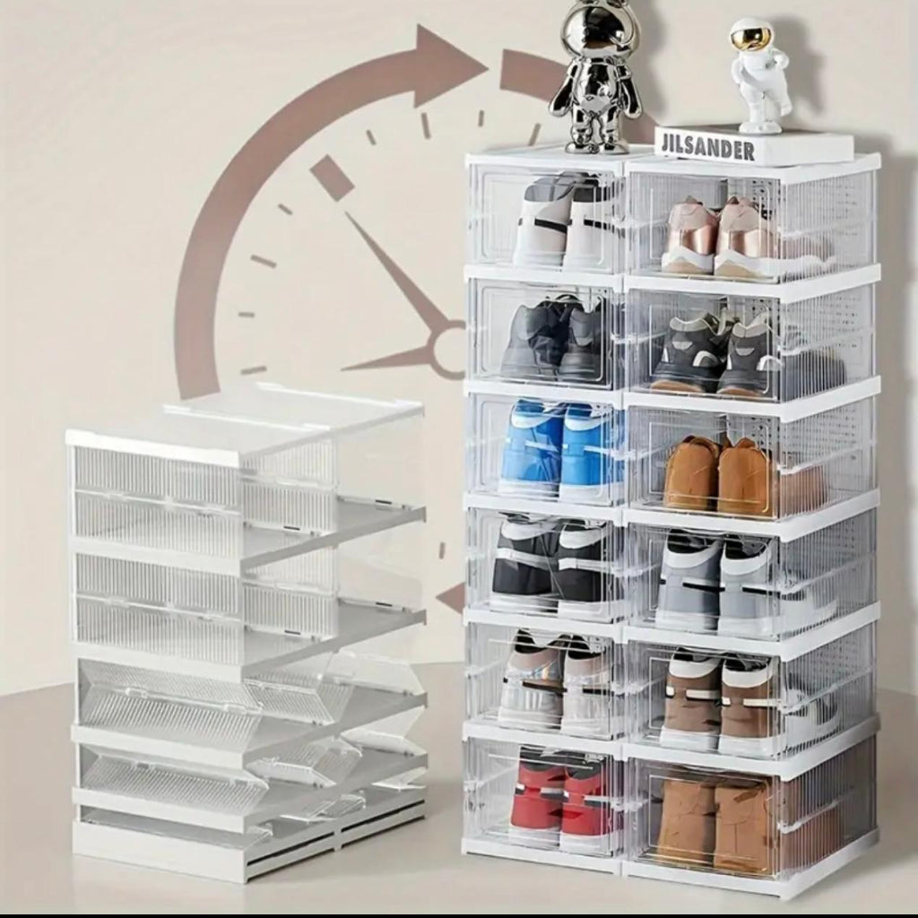 6 Layer Shoe Box Organizer with Flip Lid - Clear Stackable Shoe Cabinet, Space-Saving Shoe Storage Box with Dustproof Cover, Heavy-Duty Plastic Construction for Home, Office,Transparent Shoe Organizer for Easy Visibility, Shoe Storage Organizer