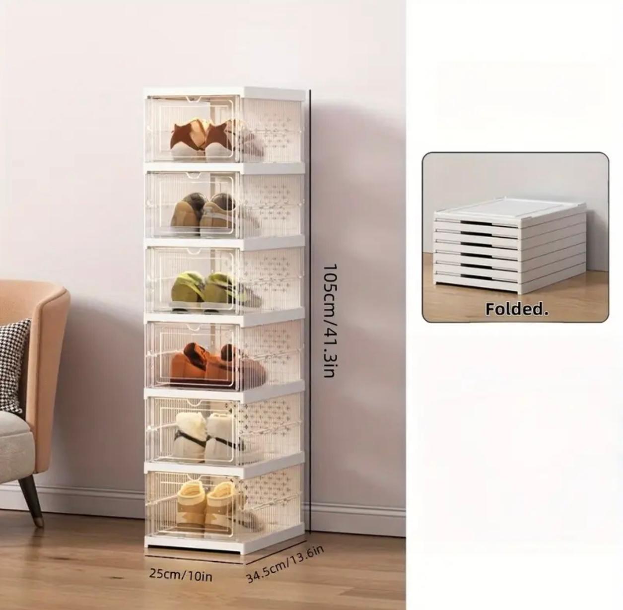 6 Layer Shoe Box Organizer with Flip Lid - Clear Stackable Shoe Cabinet, Space-Saving Shoe Storage Box with Dustproof Cover, Heavy-Duty Plastic Construction for Home, Office,Transparent Shoe Organizer for Easy Visibility, Shoe Storage Organizer
