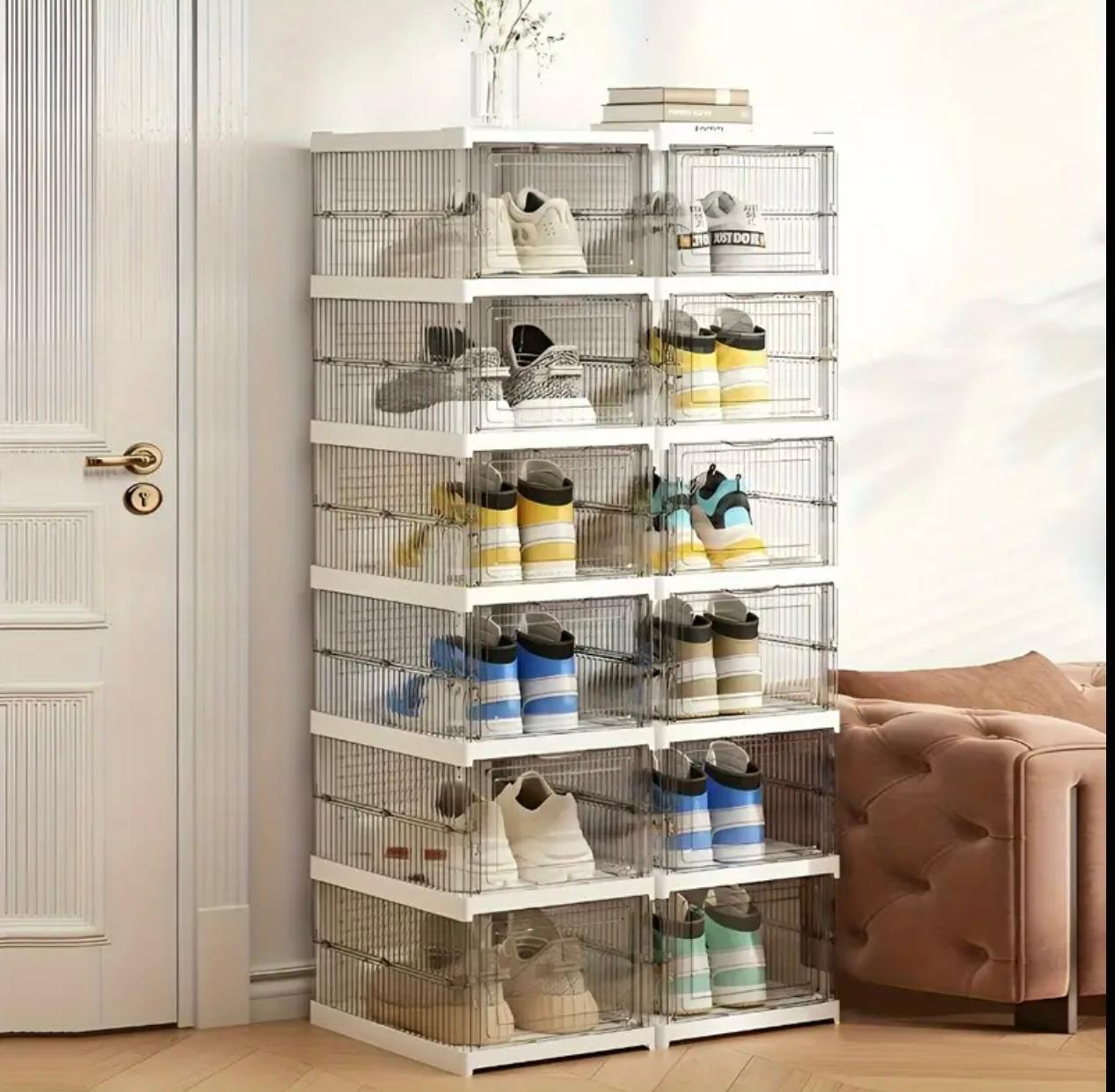 6 Layer Shoe Box Organizer with Flip Lid - Clear Stackable Shoe Cabinet, Space-Saving Shoe Storage Box with Dustproof Cover, Heavy-Duty Plastic Construction for Home, Office,Transparent Shoe Organizer for Easy Visibility, Shoe Storage Organizer
