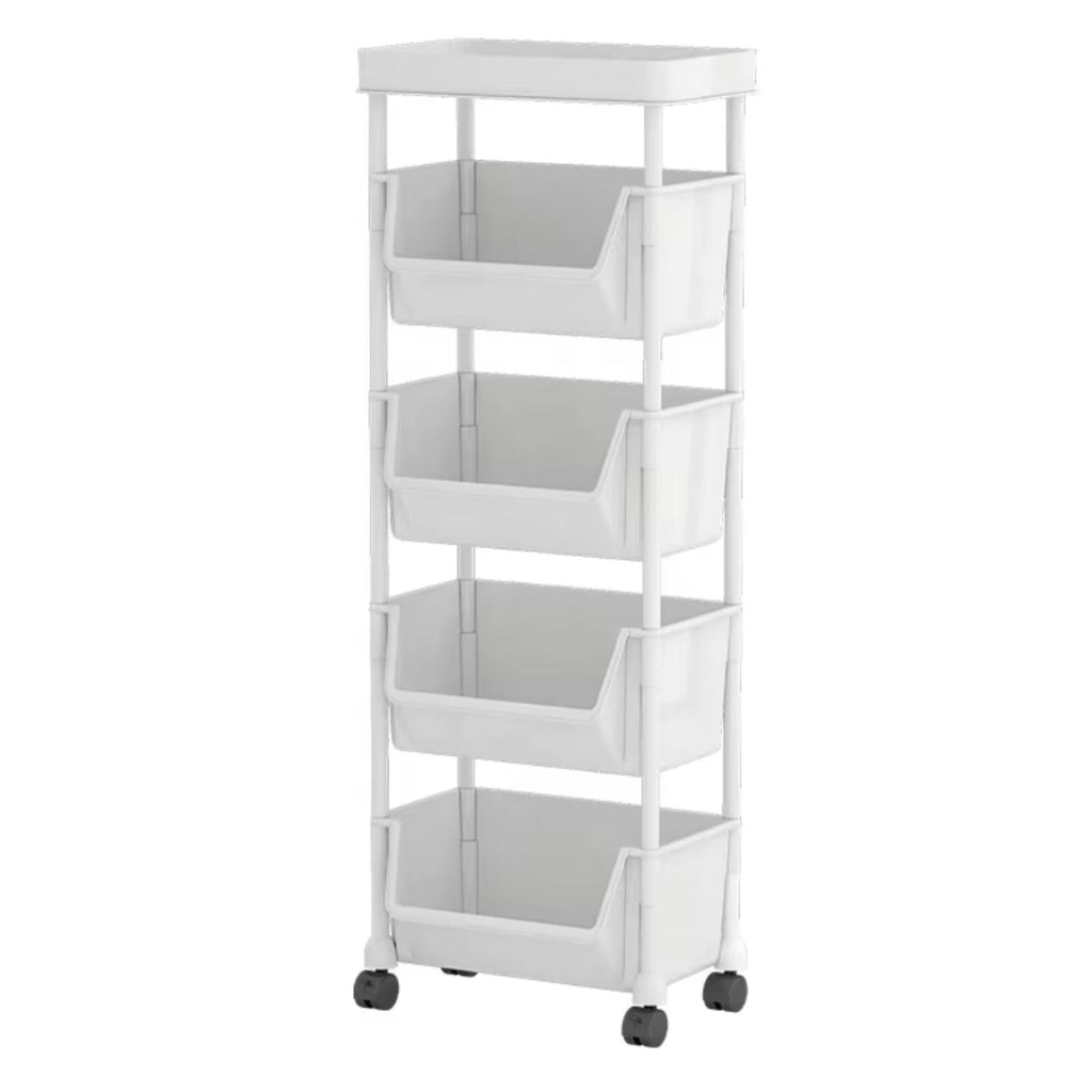 5-Tier White Plastic Rolling Storage Rack with Wheels - Multi-Layer Bookshelf for Narrow Spaces, Floor to Ceiling Organizer, Simple Household Design, Ideal for Small Rooms, Storage Racks