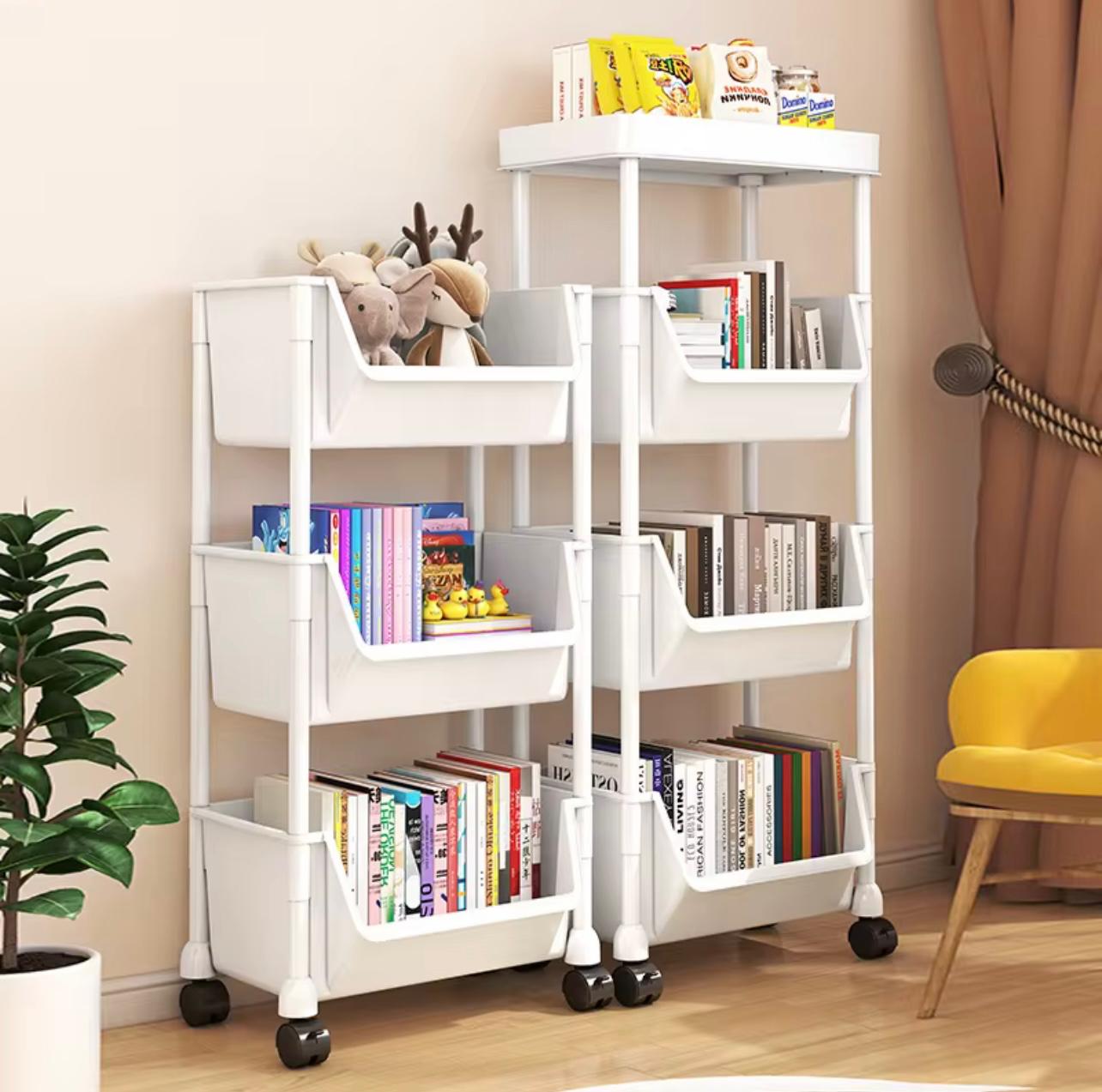 5-Tier White Plastic Rolling Storage Rack with Wheels - Multi-Layer Bookshelf for Narrow Spaces, Floor to Ceiling Organizer, Simple Household Design, Ideal for Small Rooms, Storage Racks