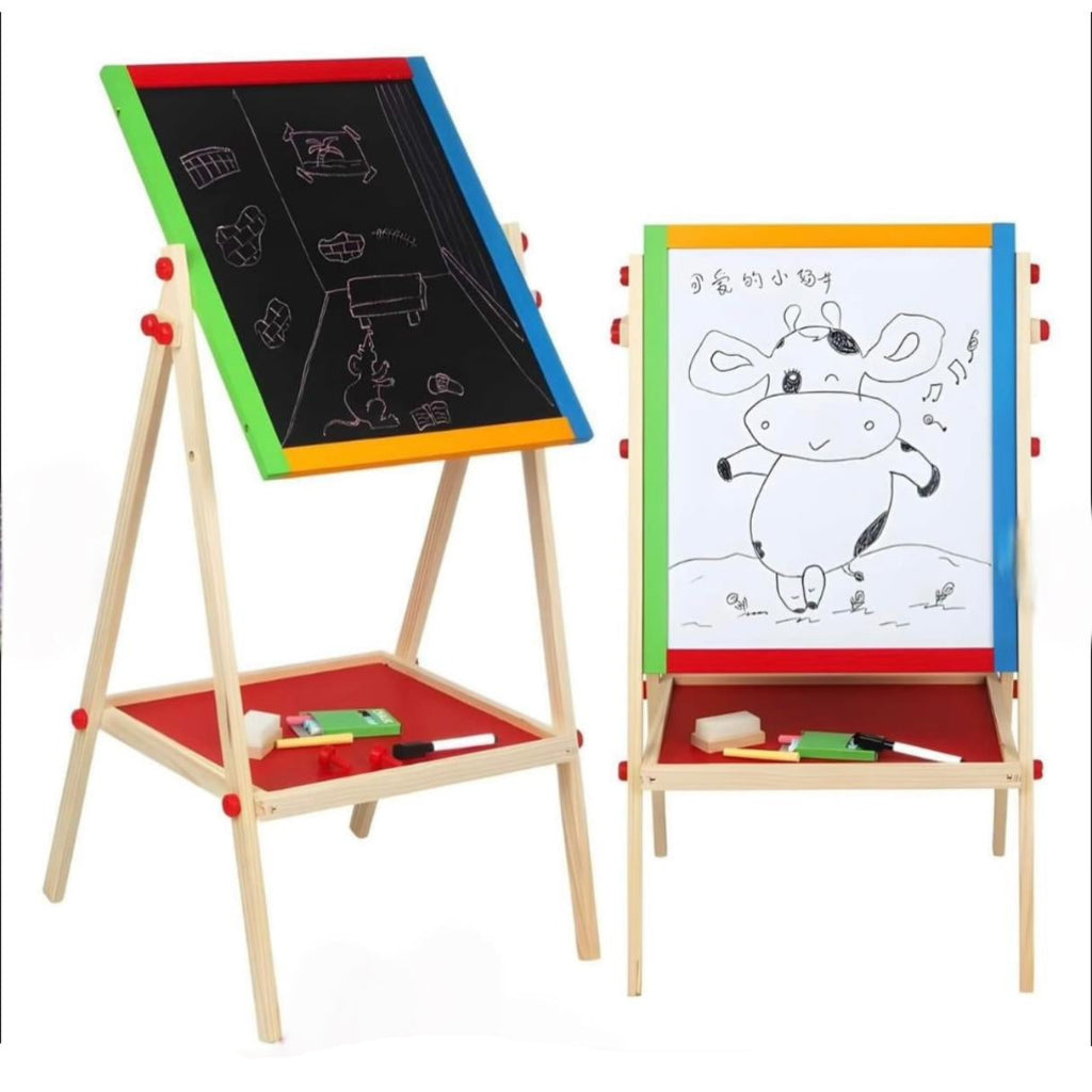 Children 2 in 1 Adjustable Black/White Magnetic Drawing Board Wooden Easel Kids Drawing Board
