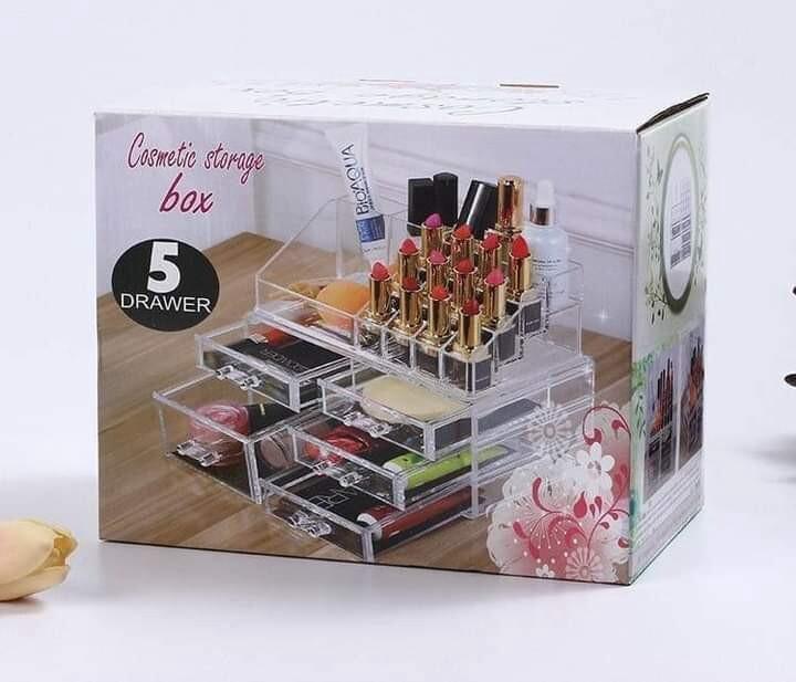 Makeup Storage Box Skin Care Large Transparent Cosmetics Display Box Stackable Storage Box With 5 Drawers For Dressing Table, 2-piece Set