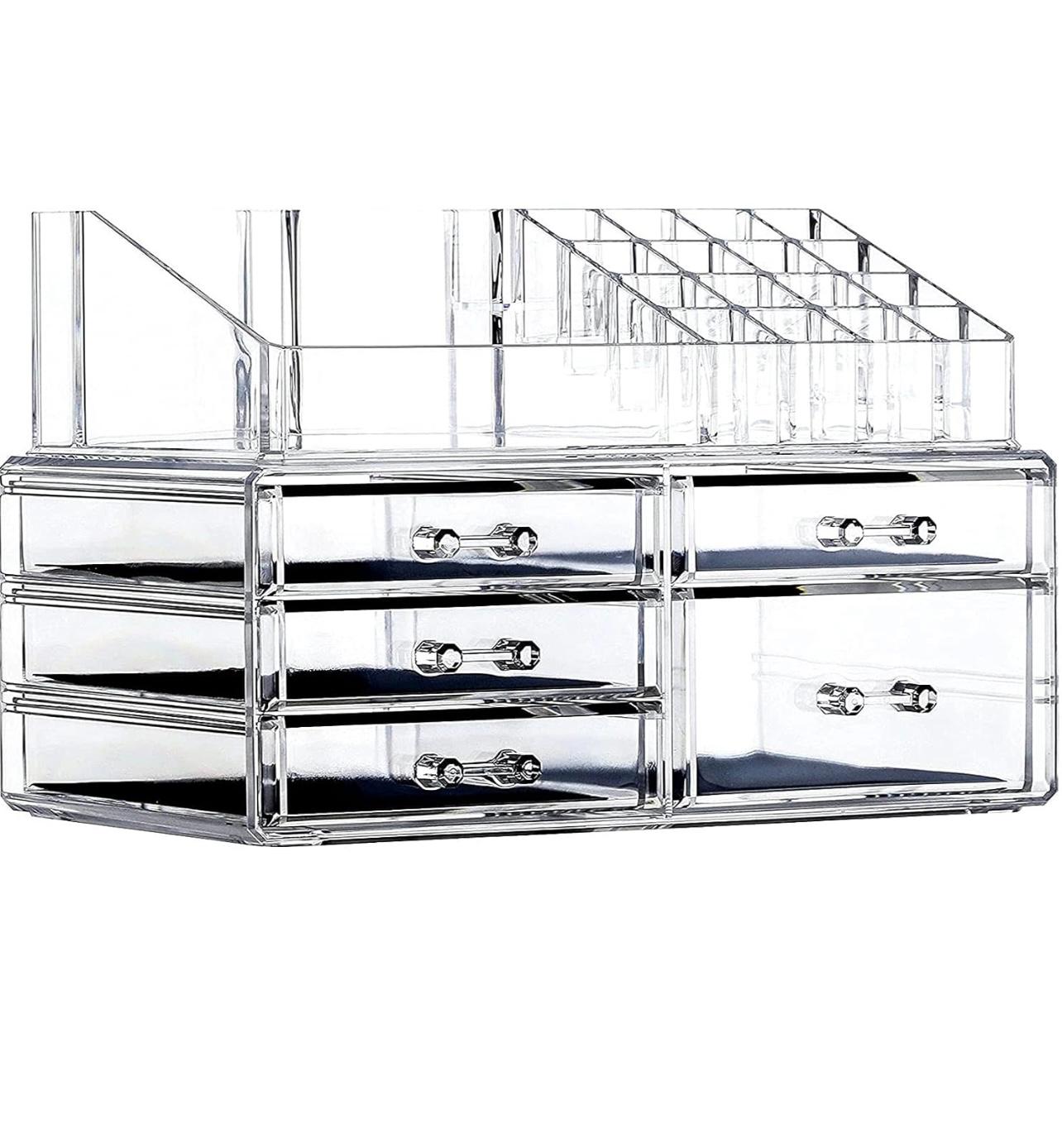 Makeup Storage Box Skin Care Large Transparent Cosmetics Display Box Stackable Storage Box With 5 Drawers For Dressing Table, 2-piece Set