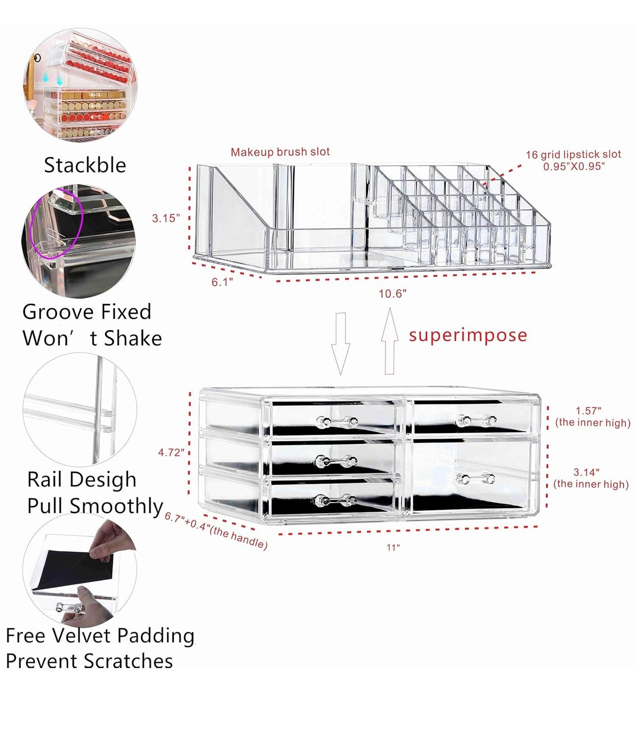 Makeup Storage Box Skin Care Large Transparent Cosmetics Display Box Stackable Storage Box With 5 Drawers For Dressing Table, 2-piece Set
