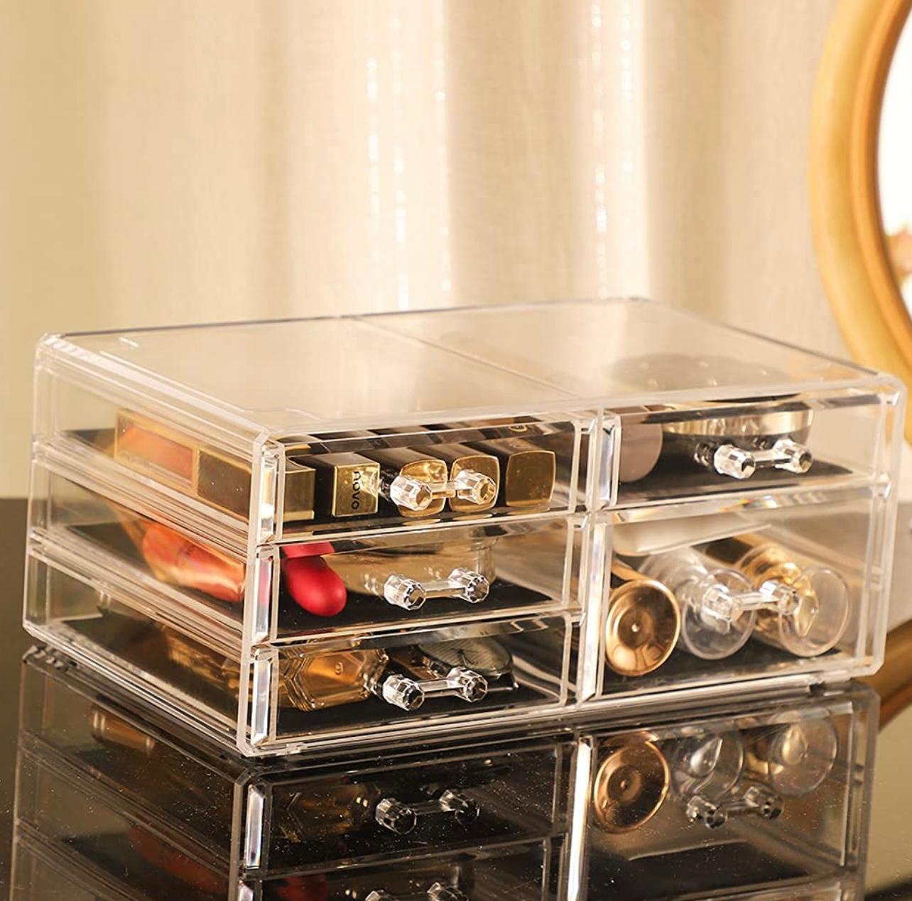 Makeup Storage Box Skin Care Large Transparent Cosmetics Display Box Stackable Storage Box With 5 Drawers For Dressing Table, 2-piece Set