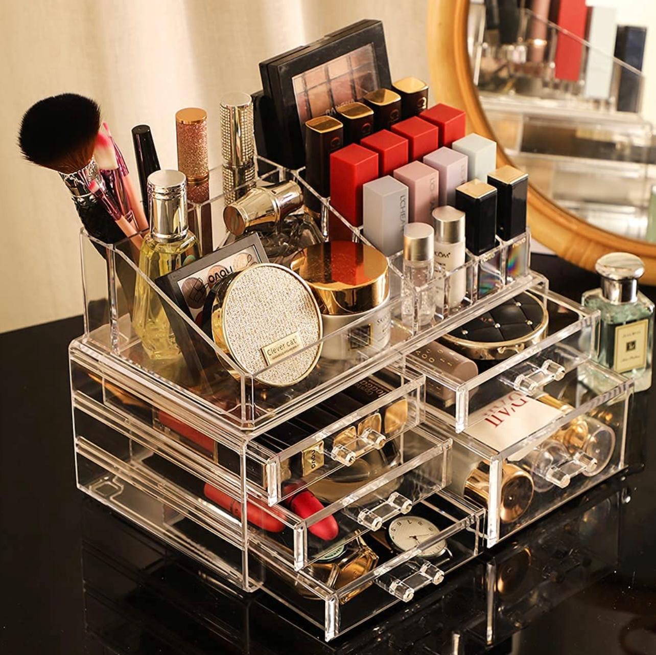 Makeup Storage Box Skin Care Large Transparent Cosmetics Display Box Stackable Storage Box With 5 Drawers For Dressing Table, 2-piece Set