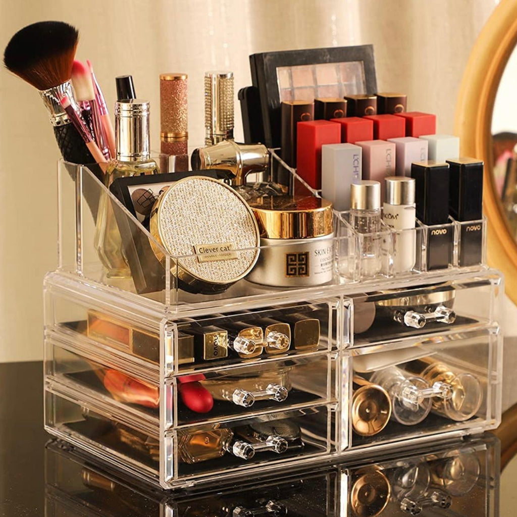 Makeup Storage Box Skin Care Large Transparent Cosmetics Display Box Stackable Storage Box With 5 Drawers For Dressing Table, 2-piece Set