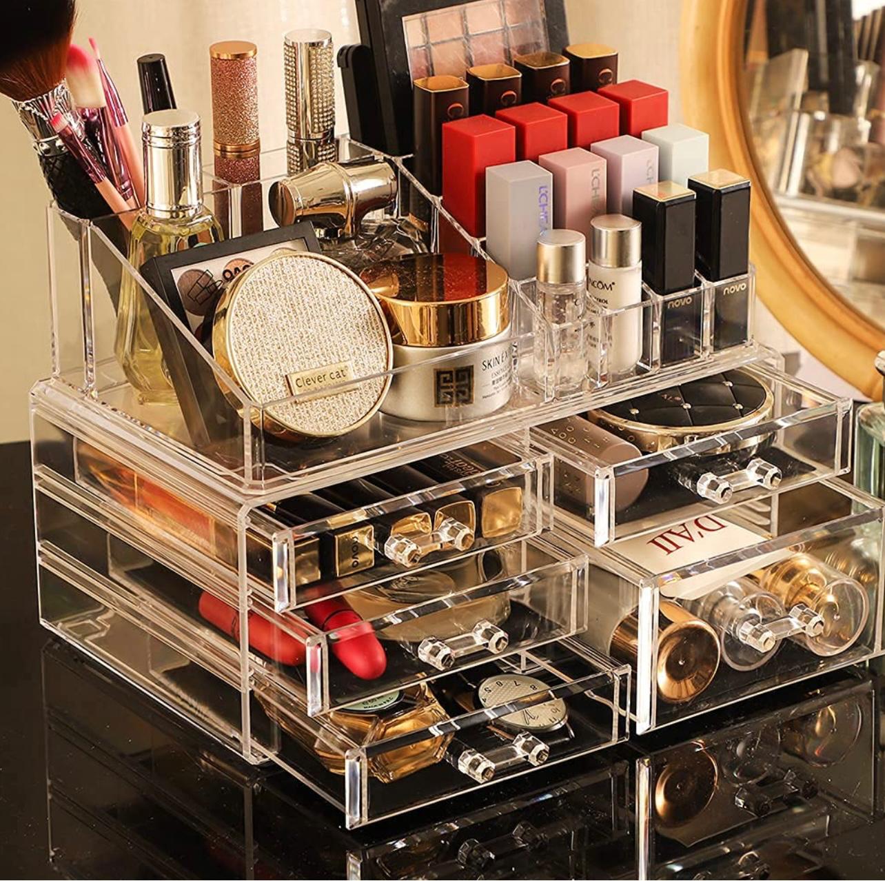 Makeup Storage Box Skin Care Large Transparent Cosmetics Display Box Stackable Storage Box With 5 Drawers For Dressing Table, 2-piece Set