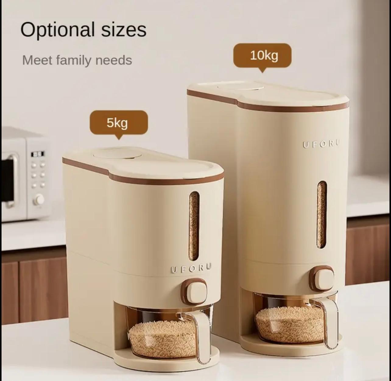 Rice Dispenser with Measuring Cup - 5 KG Capacity, Transparent Window, Moisture & Insect Resistant, Reusable Plastic Grain Container for Kitchen Use, Easy-Press Button to Dispense Rice, Modern Design for Home or Commercial Kitchens