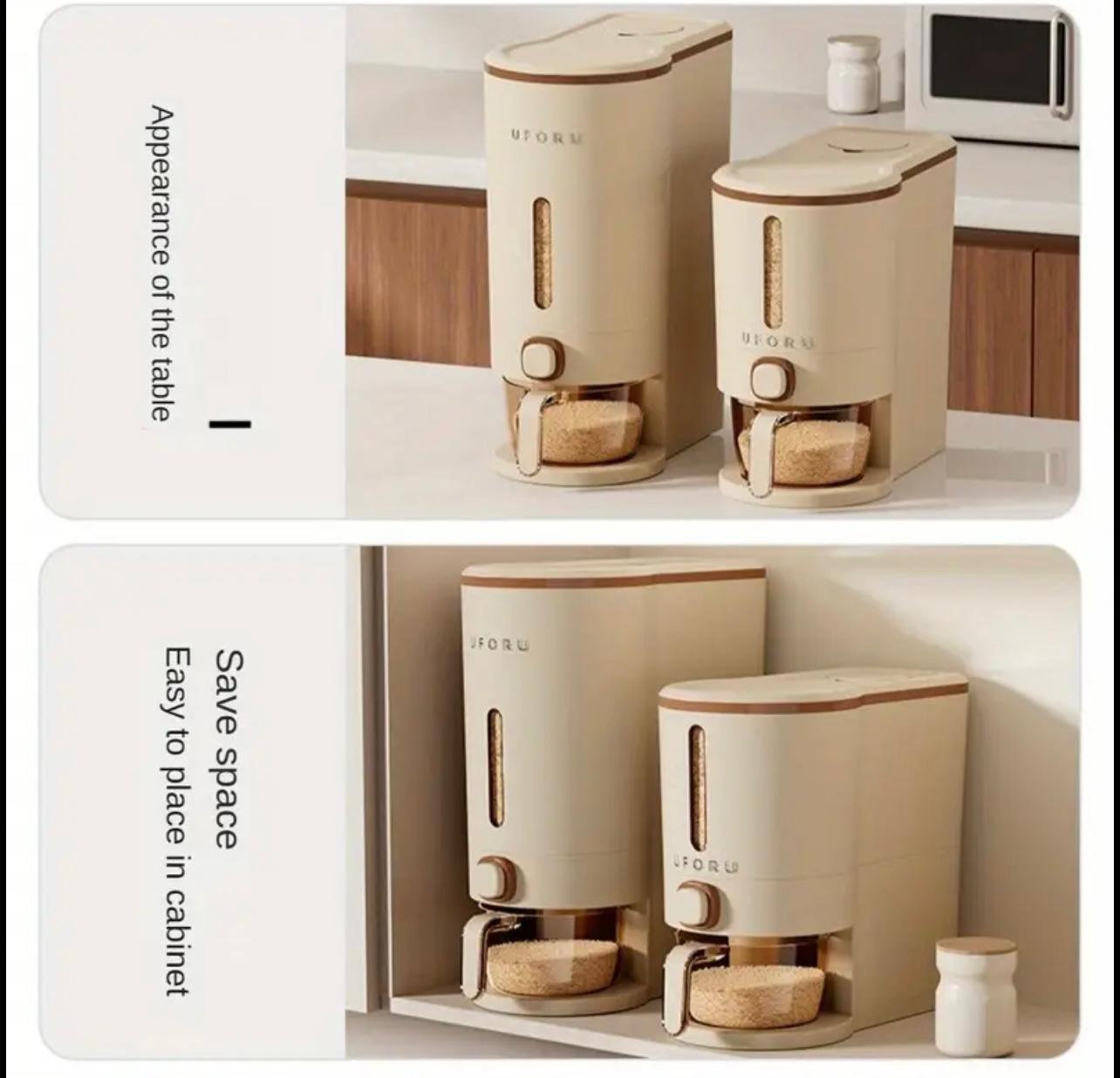 Rice Dispenser with Measuring Cup - 5 KG Capacity, Transparent Window, Moisture & Insect Resistant, Reusable Plastic Grain Container for Kitchen Use, Easy-Press Button to Dispense Rice, Modern Design for Home or Commercial Kitchens