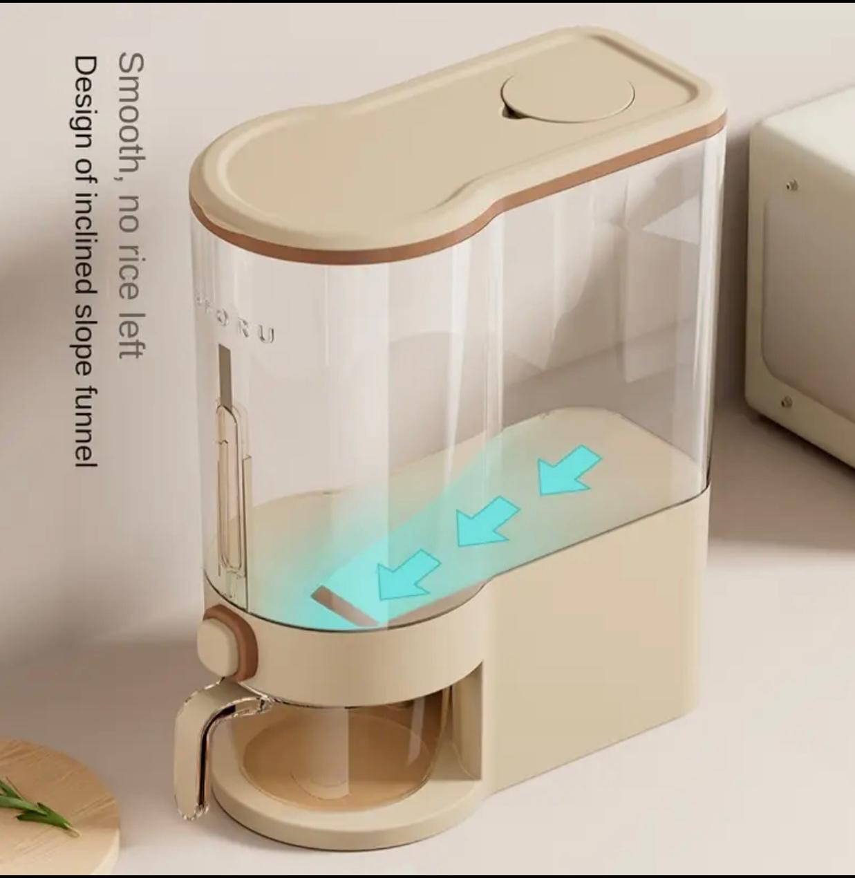 Rice Dispenser with Measuring Cup - 5 KG Capacity, Transparent Window, Moisture & Insect Resistant, Reusable Plastic Grain Container for Kitchen Use, Easy-Press Button to Dispense Rice, Modern Design for Home or Commercial Kitchens