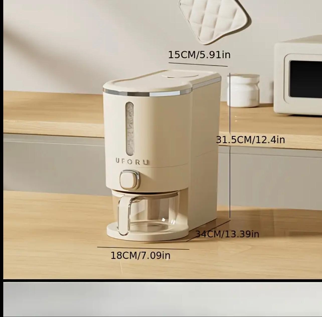 Rice Dispenser with Measuring Cup - 5 KG Capacity, Transparent Window, Moisture & Insect Resistant, Reusable Plastic Grain Container for Kitchen Use, Easy-Press Button to Dispense Rice, Modern Design for Home or Commercial Kitchens