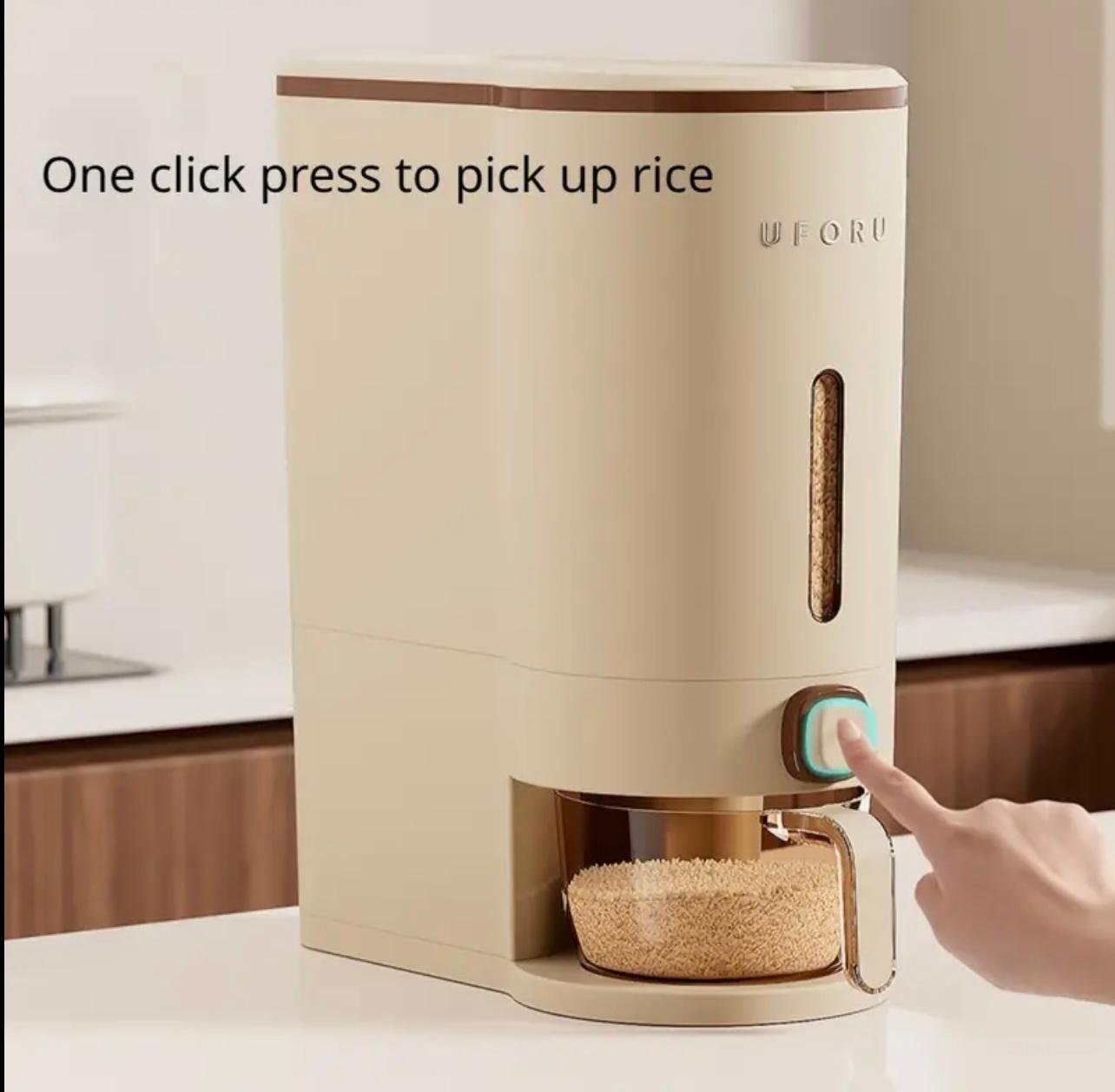Rice Dispenser with Measuring Cup - 5 KG Capacity, Transparent Window, Moisture & Insect Resistant, Reusable Plastic Grain Container for Kitchen Use, Easy-Press Button to Dispense Rice, Modern Design for Home or Commercial Kitchens