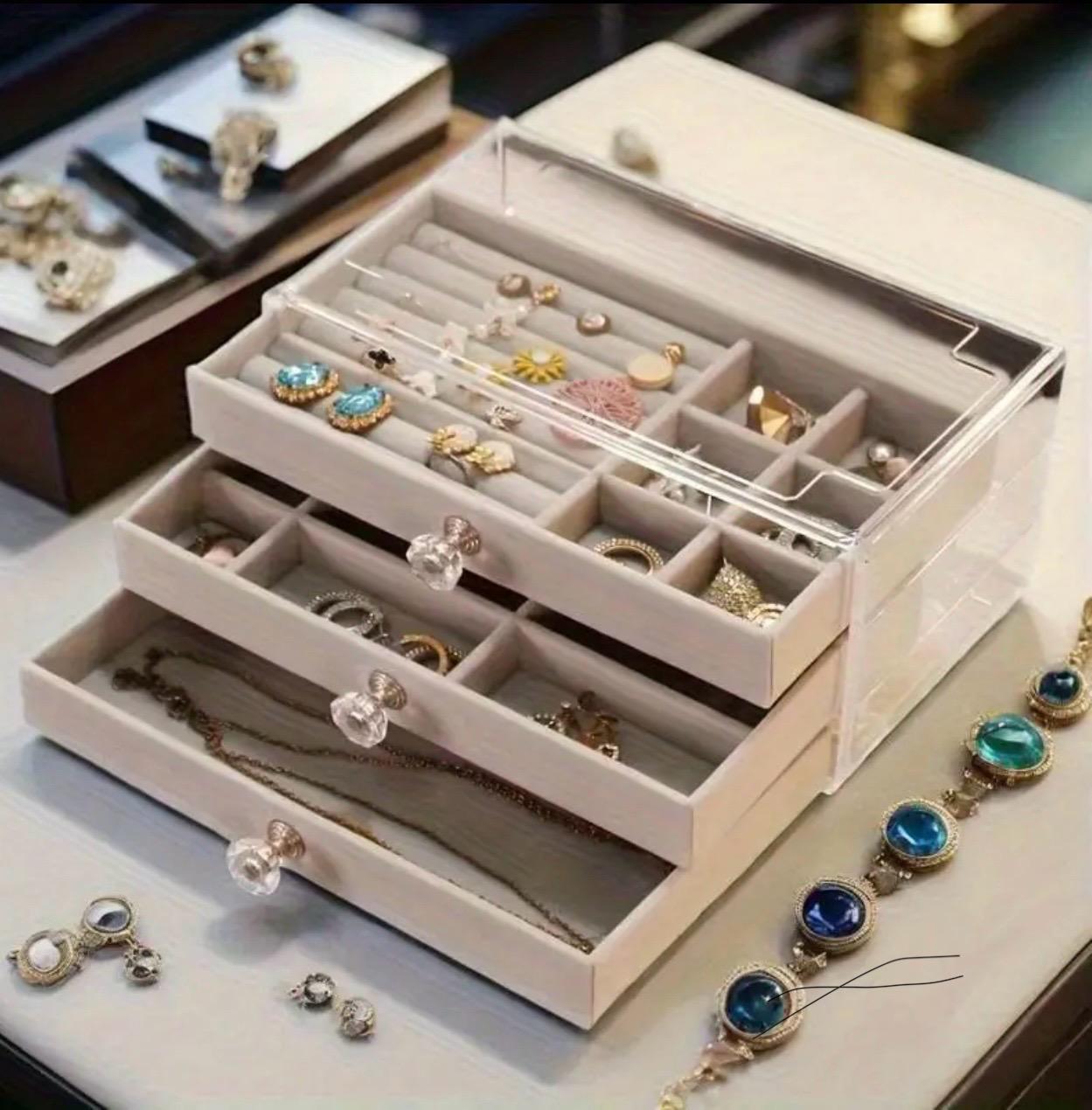 3-Tier Acrylic Jewelry Organizer Box with Transparent Lid & Dustproof Drawer Design ,Perfect for Earrings, Necklaces, Bracelets, and Rings Compact Desktop Display Case, Jewelry Box, 
