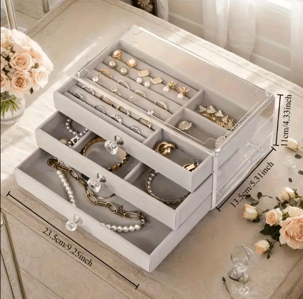 3-Tier Acrylic Jewelry Organizer Box with Transparent Lid & Dustproof Drawer Design ,Perfect for Earrings, Necklaces, Bracelets, and Rings Compact Desktop Display Case, Jewelry Box, 