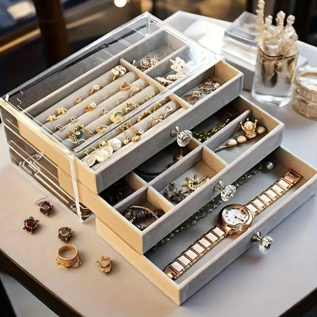 3-Tier Acrylic Jewelry Organizer Box with Transparent Lid & Dustproof Drawer Design ,Perfect for Earrings, Necklaces, Bracelets, and Rings Compact Desktop Display Case, Jewelry Box, 