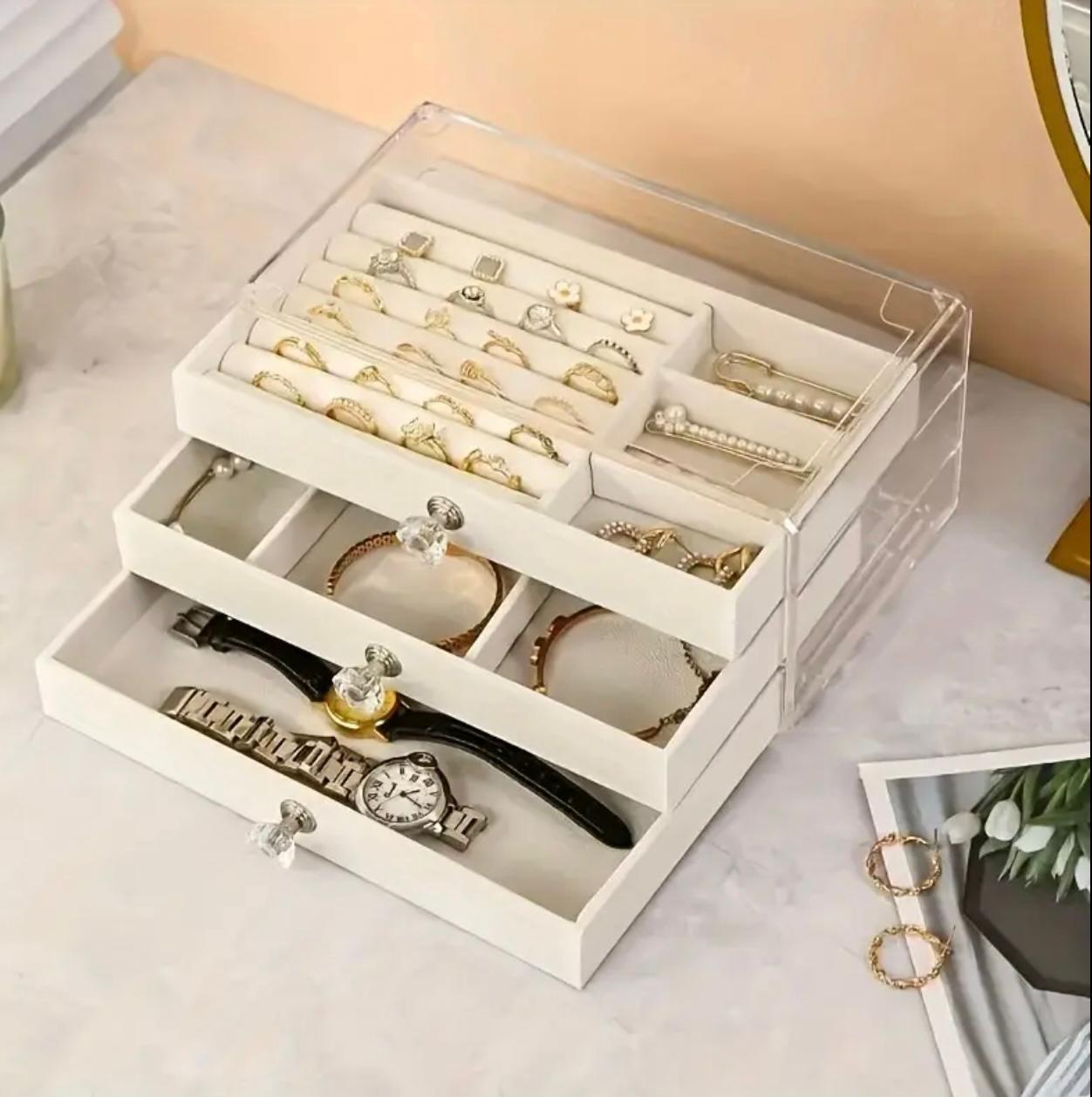 3-Tier Acrylic Jewelry Organizer Box with Transparent Lid & Dustproof Drawer Design ,Perfect for Earrings, Necklaces, Bracelets, and Rings Compact Desktop Display Case, Jewelry Box, 