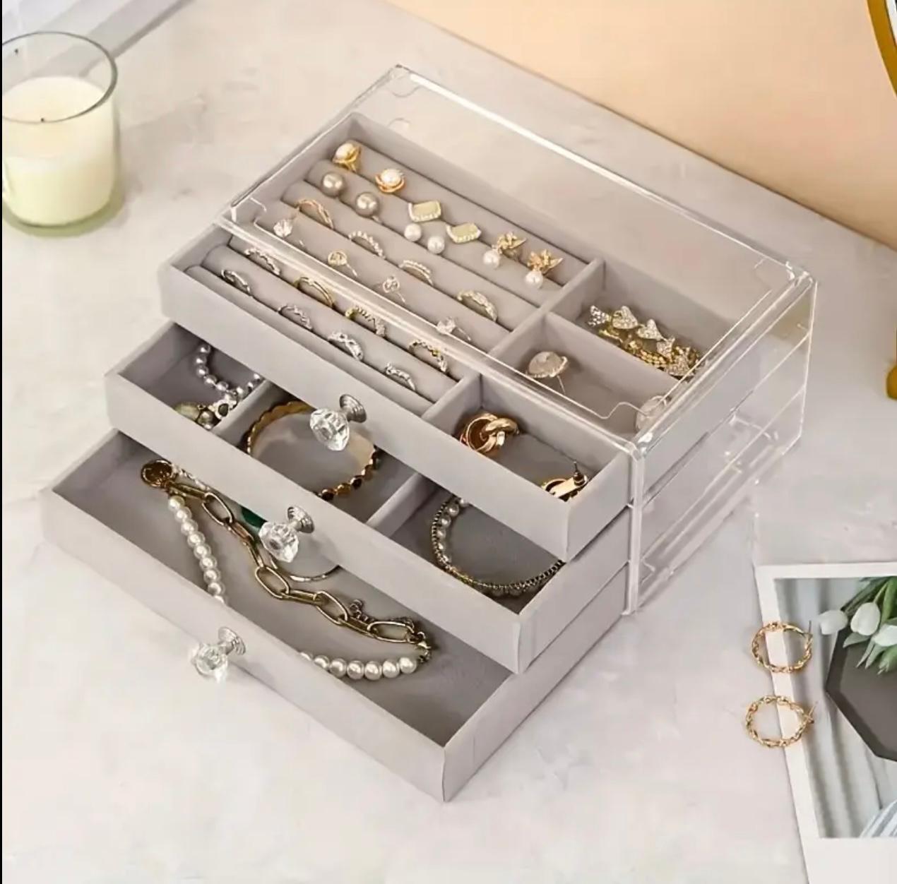 3-Tier Acrylic Jewelry Organizer Box with Transparent Lid & Dustproof Drawer Design ,Perfect for Earrings, Necklaces, Bracelets, and Rings Compact Desktop Display Case, Jewelry Box, 